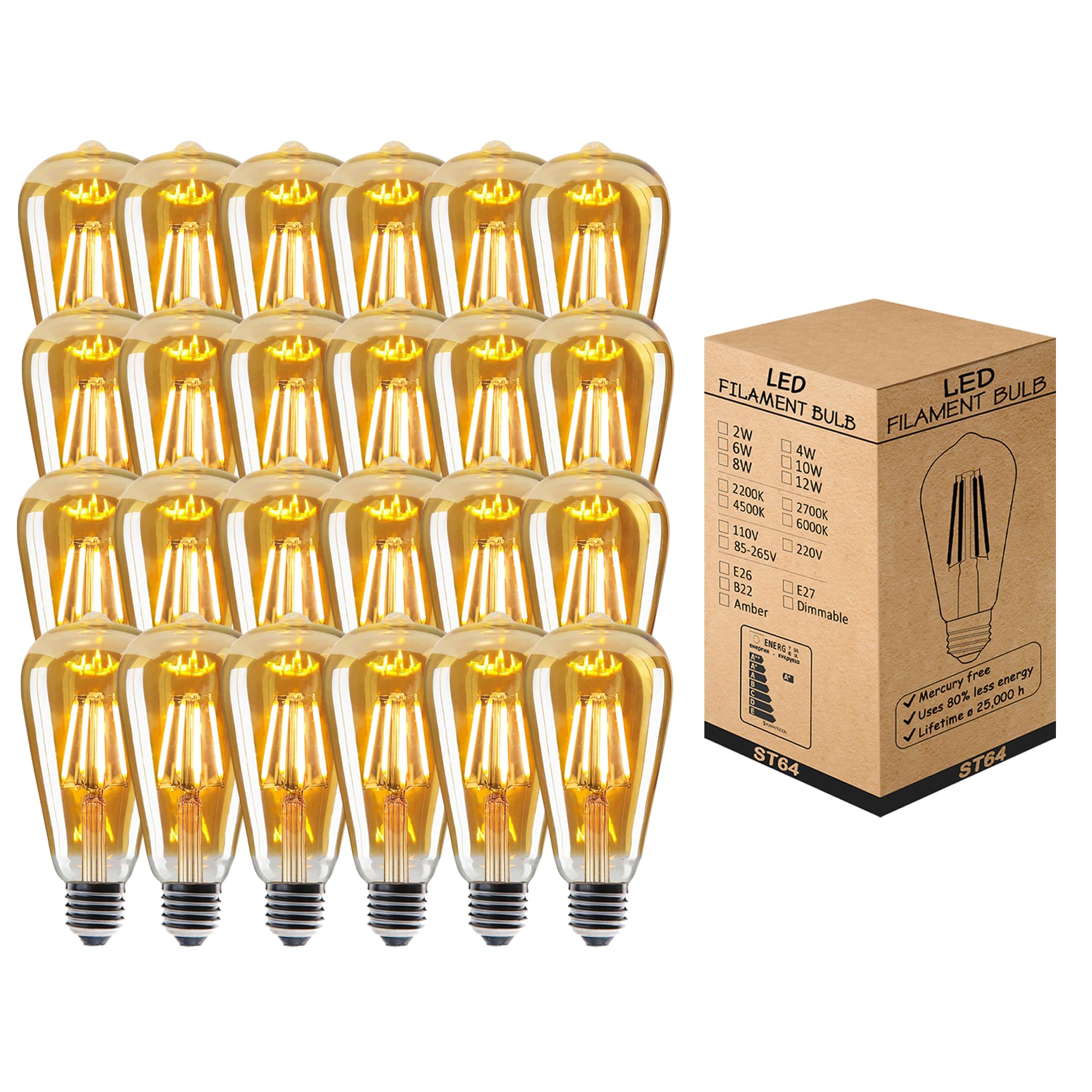 LEDSone LED Edison Bulb, Vintage Light Bulb,4W/6W/8W E27 2700K Warm White ST64 LED Bulbs, Led Filament Bulbs, Dimmable Antique Style Retro Amber Glass Screw Lamp 220V (24 Pack, 4W)