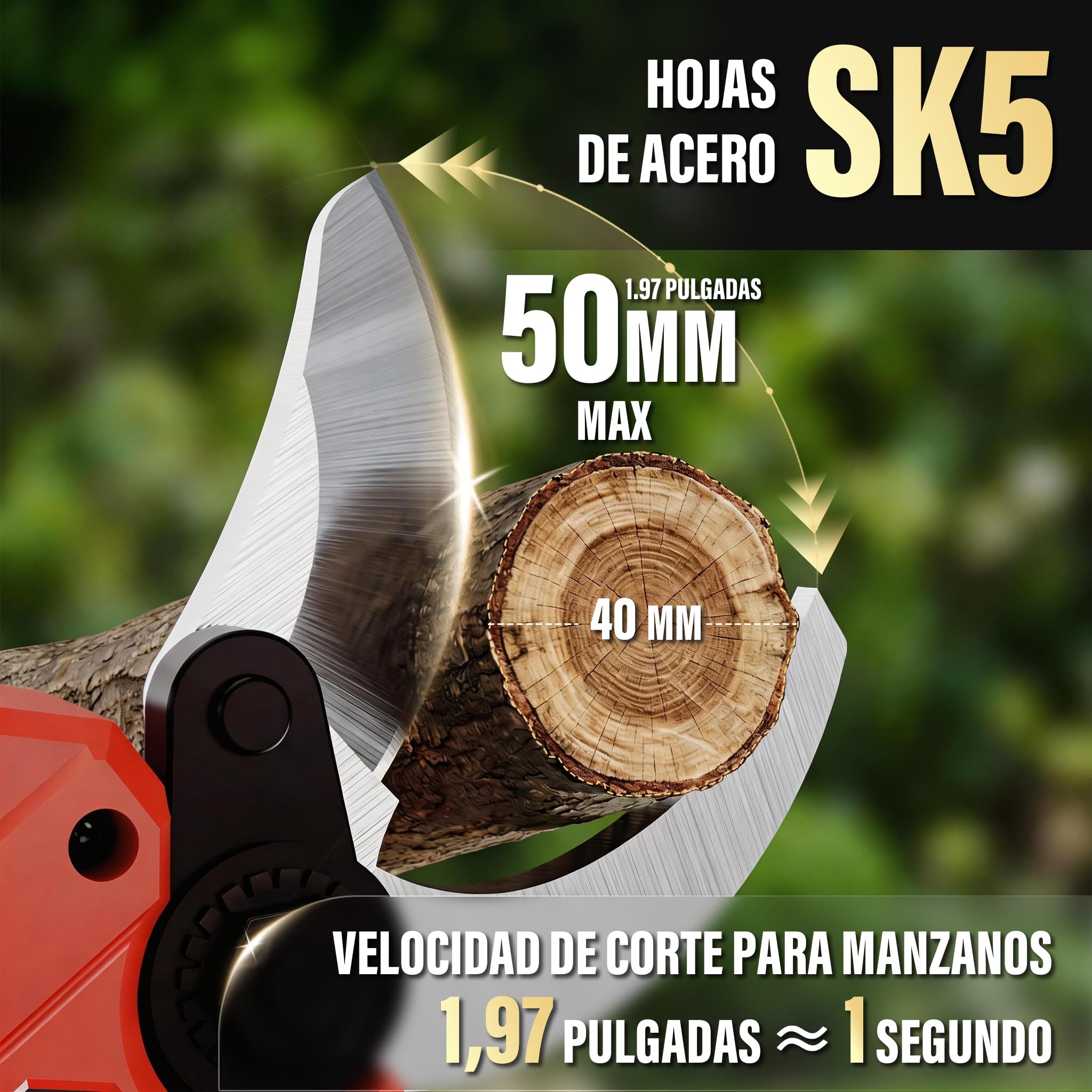 TEENO Tijeras de Podar Eléctricas, con Baterías 8000 mAh, Tijeras de Poda de 50mm Tijeras de Motor Brushless para Jardinería, Cable de extensión 1,05 m,Árboles Frutales, Viñedos