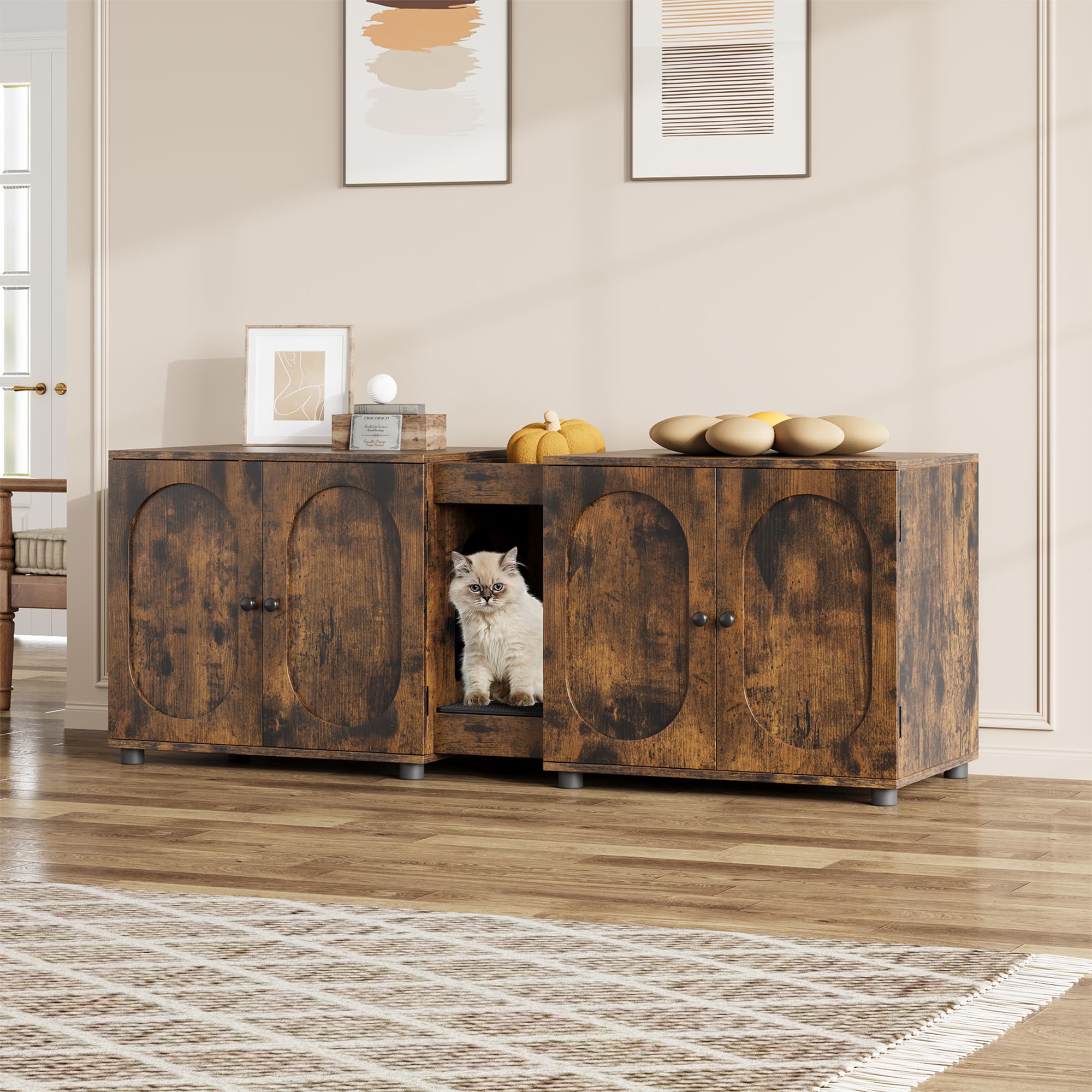 Garvee Katzenklo Schrank 140cm, Doppel Katzenklo Möbel Mit Stauraum | Doppel Katzenklo-Schrank für 2 Katzen mit verstecktem Design, Stauraum und praktischer Streumatte für ein sauberes Zuhause