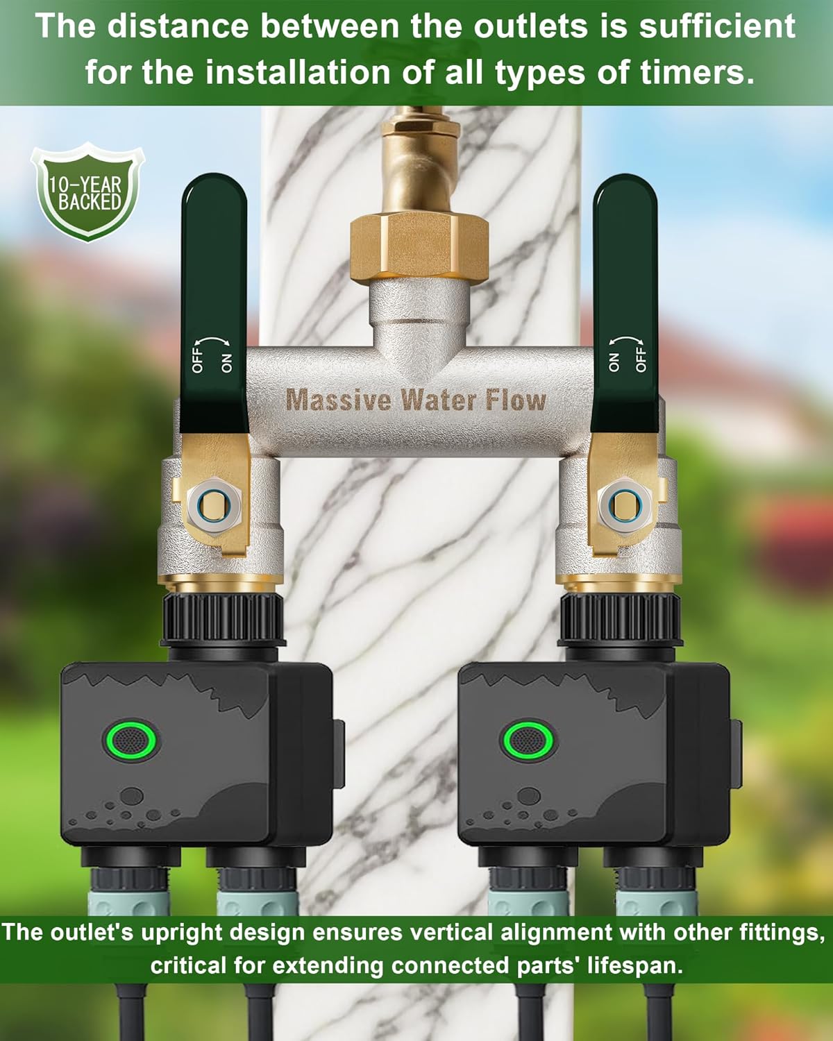Hose Splitter 2 Way Heavy Duty, Garden Hose Splitter with 304 Stainless Steel Long Handle, Full Flow Brass Nickel Plated Water Hose T Spigot Splitter Adapter Connector, 3/4 - Inch GHT Thread (Green)
