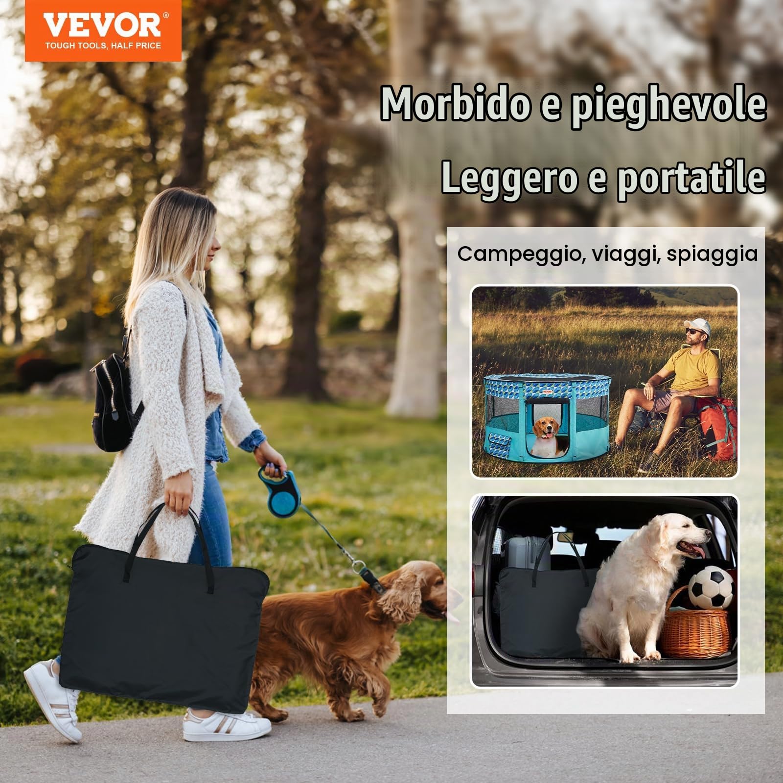 VEVOR Box per Cani Portatile 1117x1117x609 mm Box per Cuccioli Gatto Coniglio Pieghevole in Tessuto Oxford 600D, Cerniera Rotondo Impermeabile Esterno Interno da Campeggio Viaggio Attività all'Aperto