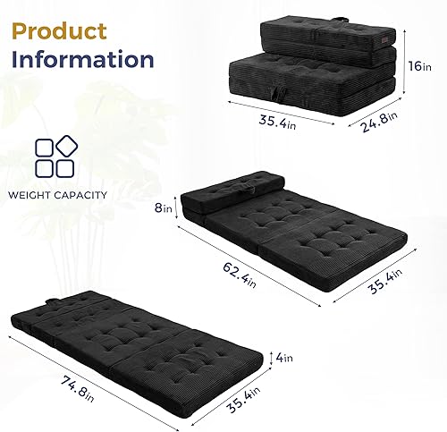 Miniatura 2 de MAXYOYO Colchón plegable, colchón plegable copetudo de 4 pulgadas, cama matrimonial de espuma, sofá de piso de tres pliegues con asas, cubrecolchón