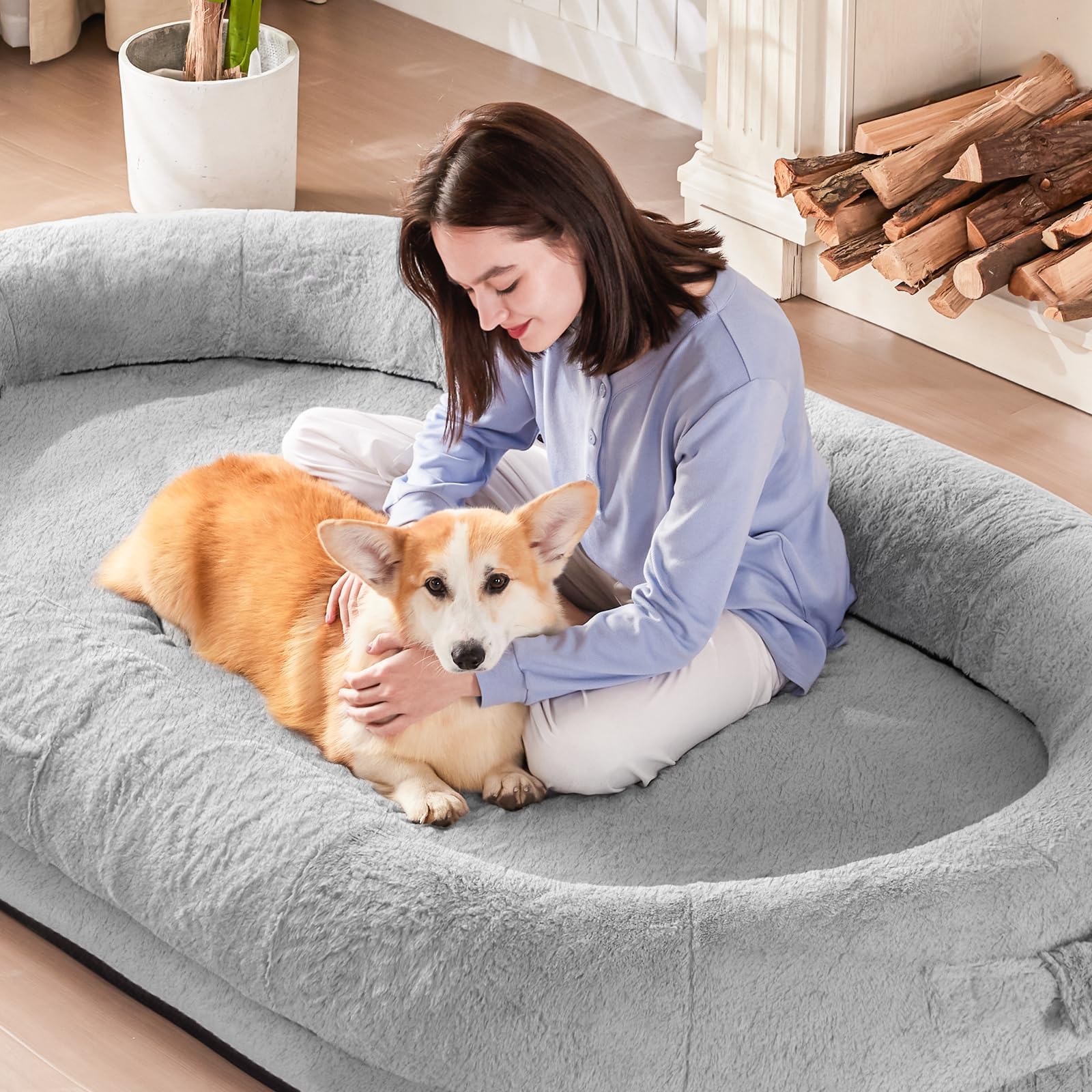 Lit pour Chien et Humain pour Adultes, 180 x 122 x 25 cm - Grand Sac de Haricots avec Couverture, Lit Ovale Lavable en Fausse Fourrure, Mousse à Mémoire Détachable de Grande Taille, Lit pour