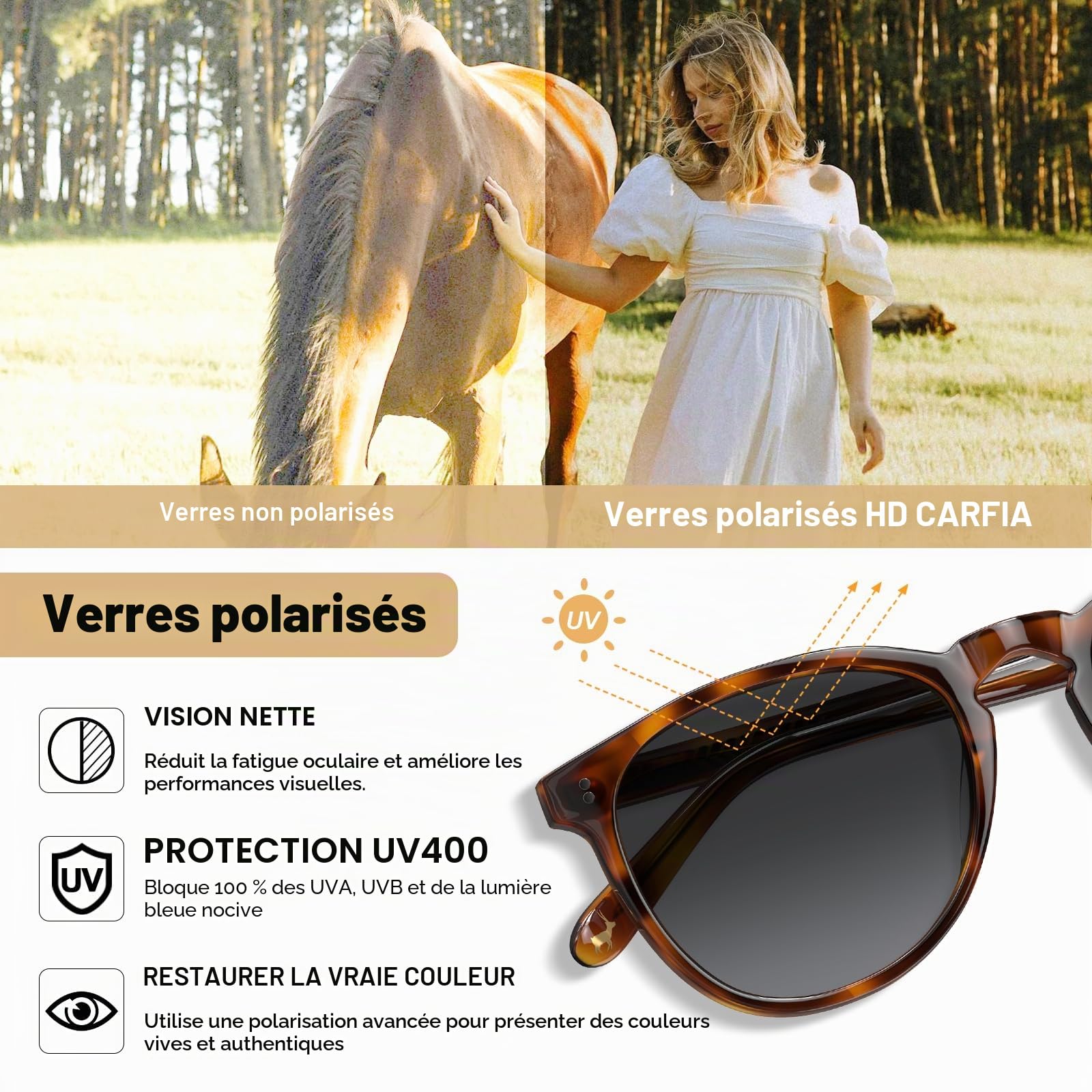 Carfia Lunettes de soleil polarisées à la mode vintage avec motif léopard tortue et protection UV400 avec étui et chiffon de nettoyage CA2307