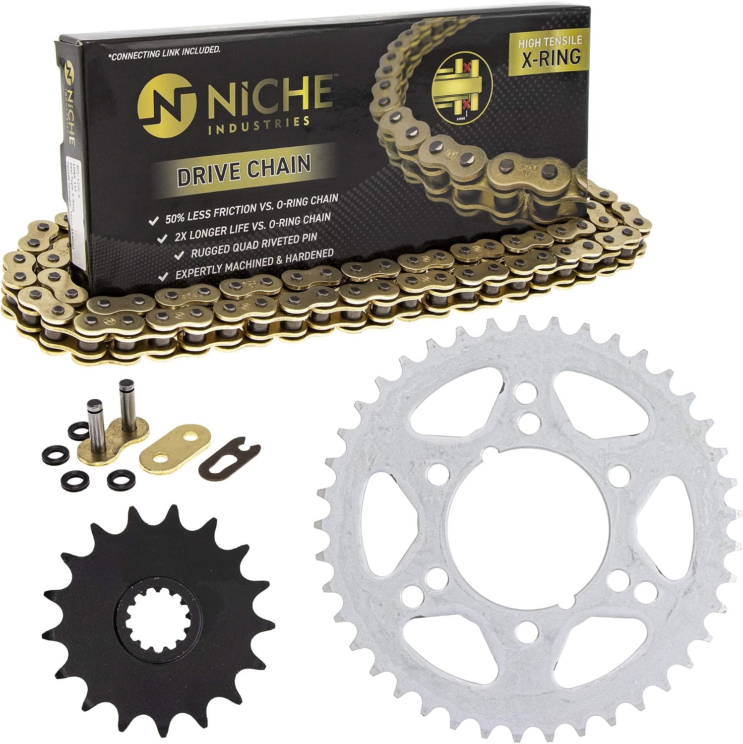 NICHE Drive Sprocket Chain Combo for Kawasaki Ninja ZX10R Front 17 Rear 41 Tooth 520V-X X-Ring 110 Links