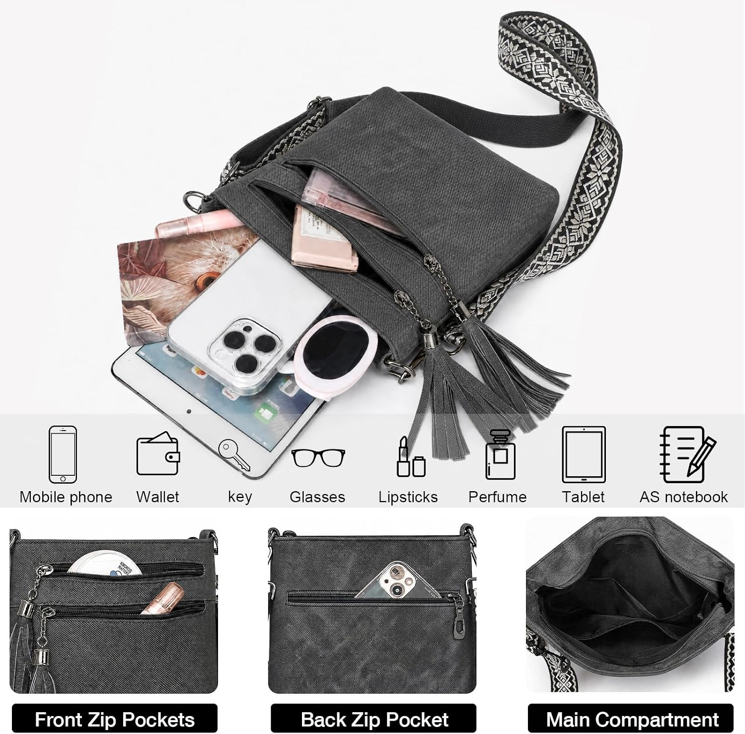 LassZone Crossbody Purses for Women - Multi Pocket Boho Cross Body Bag Shoulder Handbag Trendy Hobo Bag with Tassel