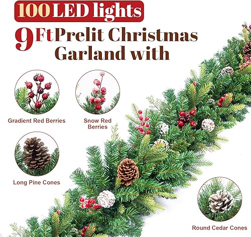 Miniatura 2 de Guirnalda de Navidad preiluminada de 9 pies, funciona con pilas, guirnalda de 100 luces con conos de cedro y bayas rojas degradadas, decoraciones de