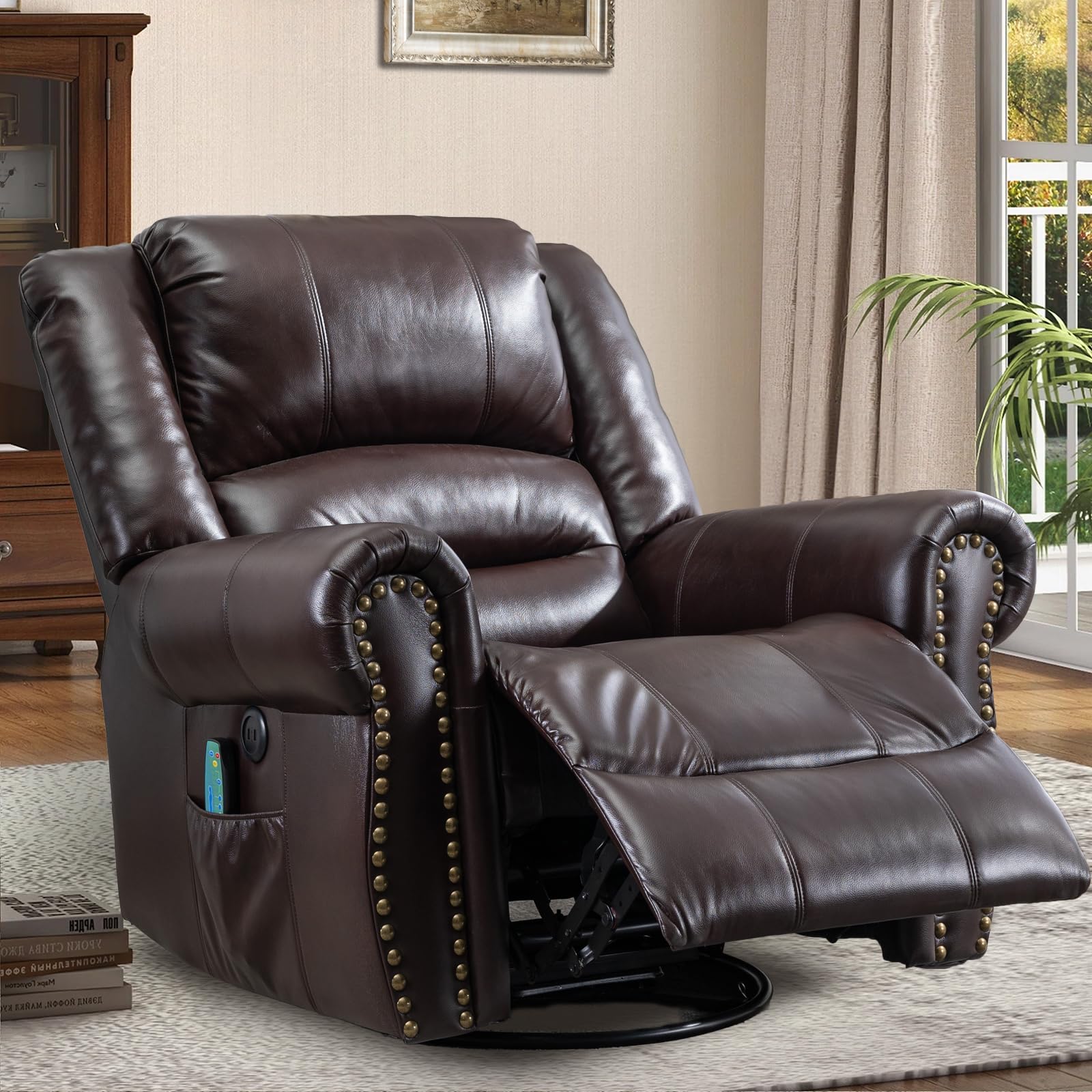 W WARMHOL Manual Massage Recliner with Heating Function, 360° Swivel Glider Rocking Recliner Chair for Living Room, Ergonomic Single Sofa Chair with
