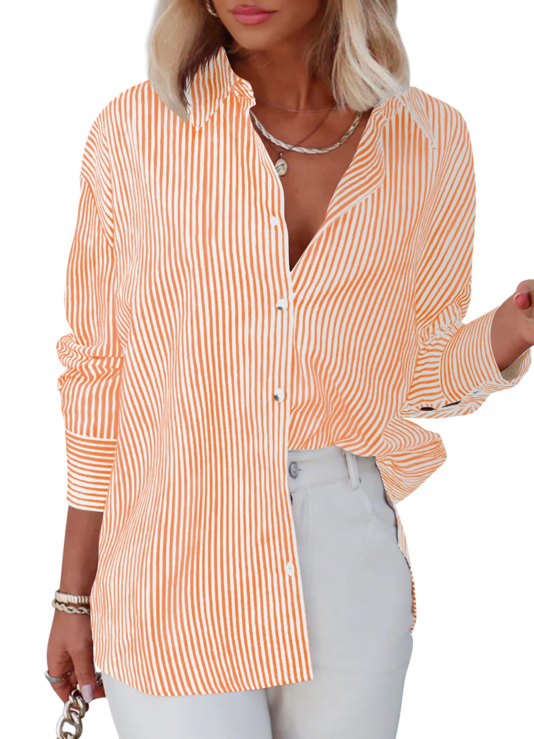 DiosunWomens Striped Button Down Shirts Classic Long Sleeve Stylish Collared Office Work Blouses Tops