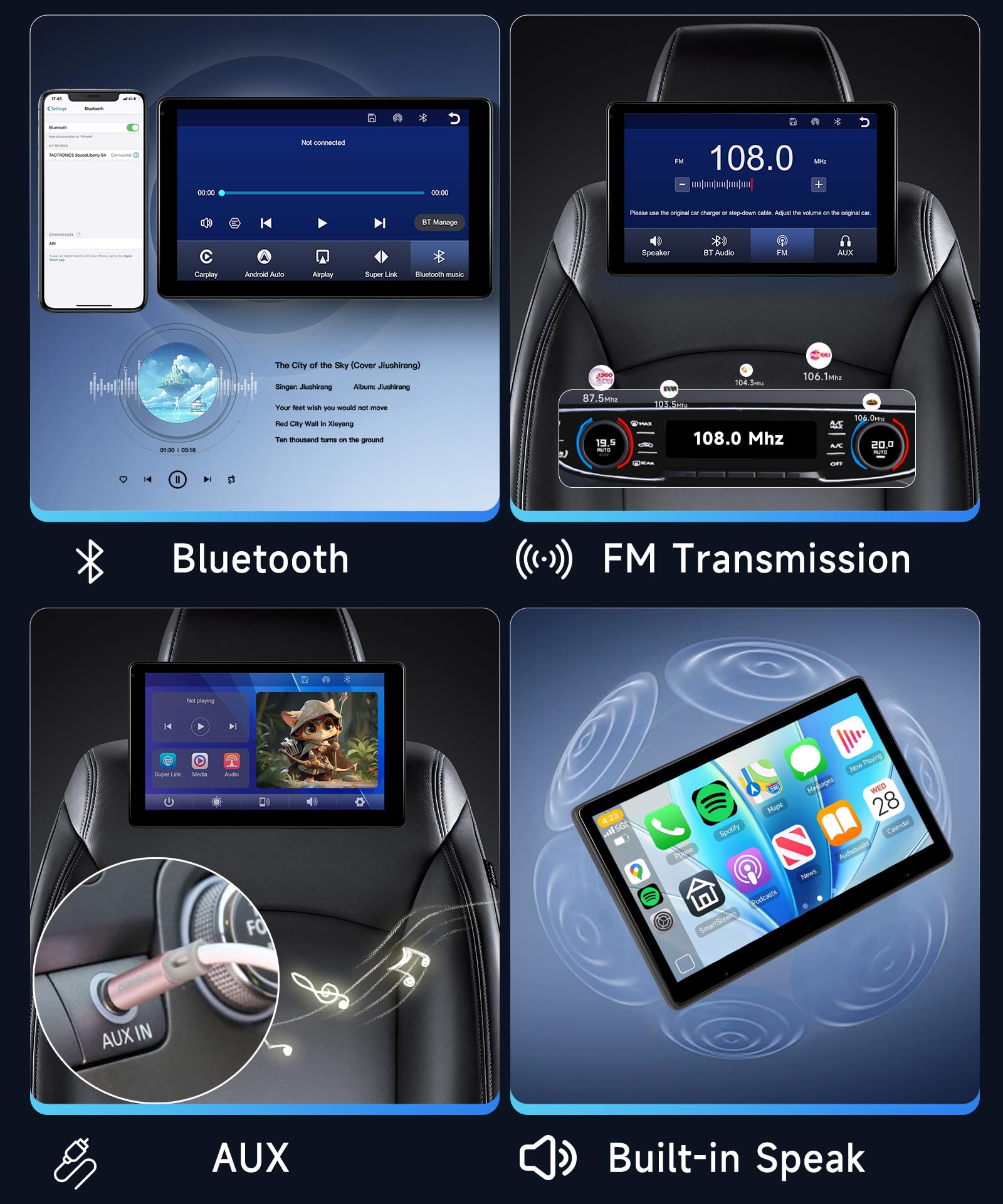 Rimoody Tragbarer Auto TV Kopfstützen Monitor Player für den Rücksitz mit Carplay Android Auto You-Tube Bluetooth, 10,1 Zoll IPS Touchscreen Videoplayer, Mirror Link/FM Transmission/AUX 64 G TF Karte