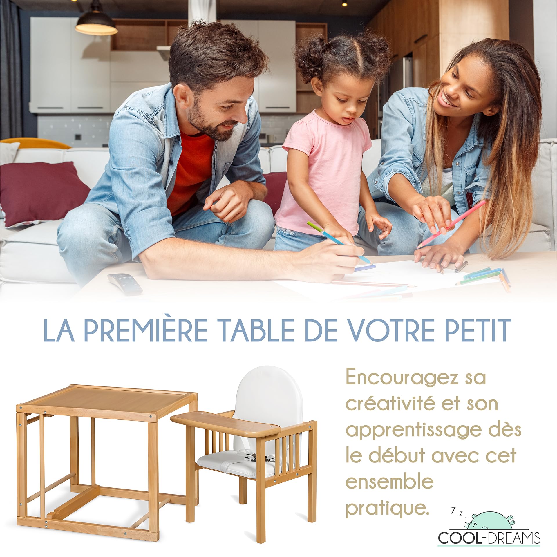 Chaise haute évolutive portable Evoluonge pour bébé en bois de hêtre Convertible en table et en chaise haute Assise rembourrée CoolDreams