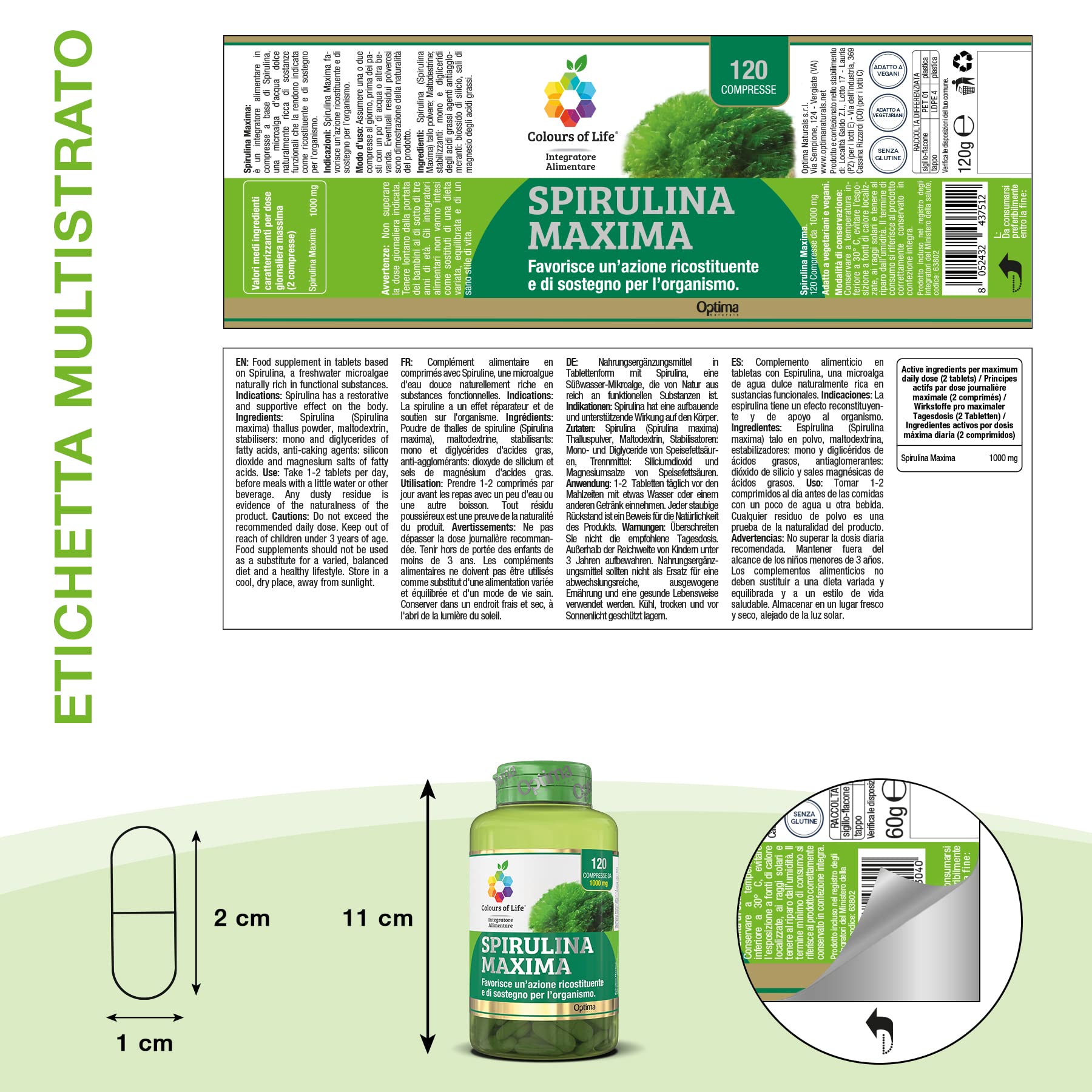 Colours of Life Spirulina Maxima - Integratore di Spirulina - Azione Ricostituente e di Sostegno per l'Organismo - Vegano e Senza Glutine, 120 Compresse