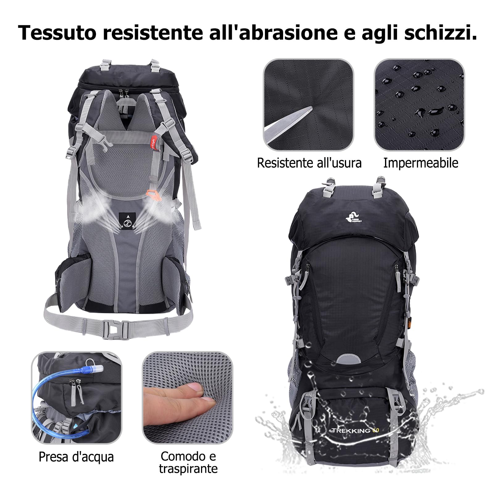 60L Zaino Outdoor Zaino da Trekking Grande Zaini Resistente con Copertura per la Pioggia Donna Uomo Backpack per Escursionismo Campeggio Arrampicata Viaggio Verde