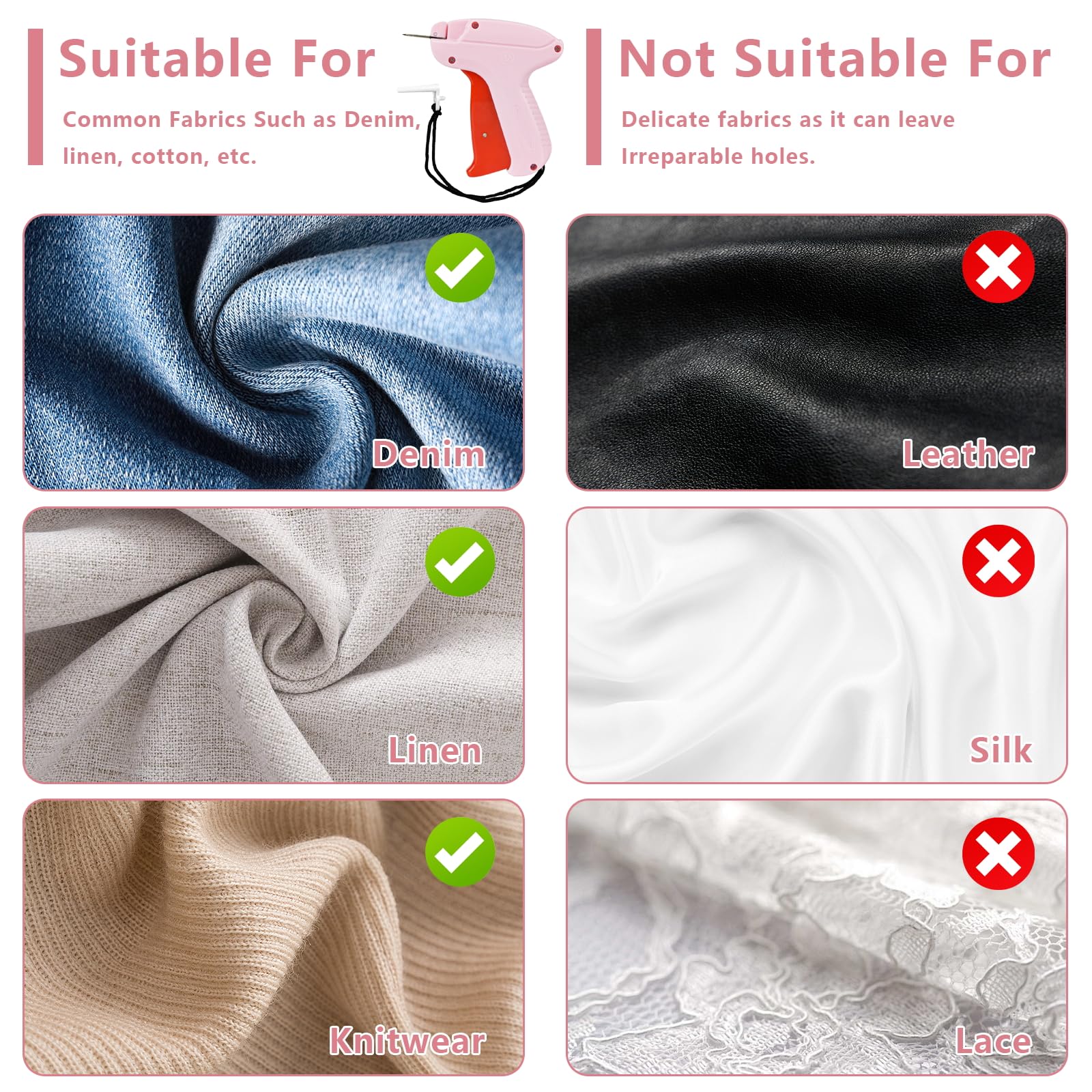 Stitchy Pistolet de fixation rapide pour vêtements avec 1000 attaches et 5 aiguilles (rose)