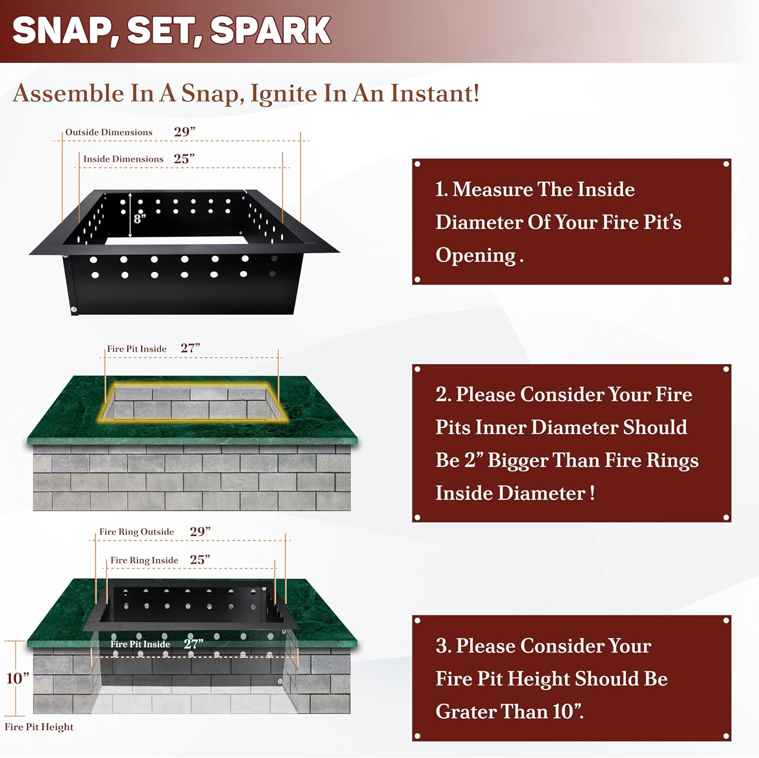 FEBTECH Square Smokeless Fire Pit Insert- Carbon Steel 29" OD & 25" ID Outdooe Fire Ring Liner - Portable Insert for DIY In-Ground or Above-Ground Outdoor Bonfires