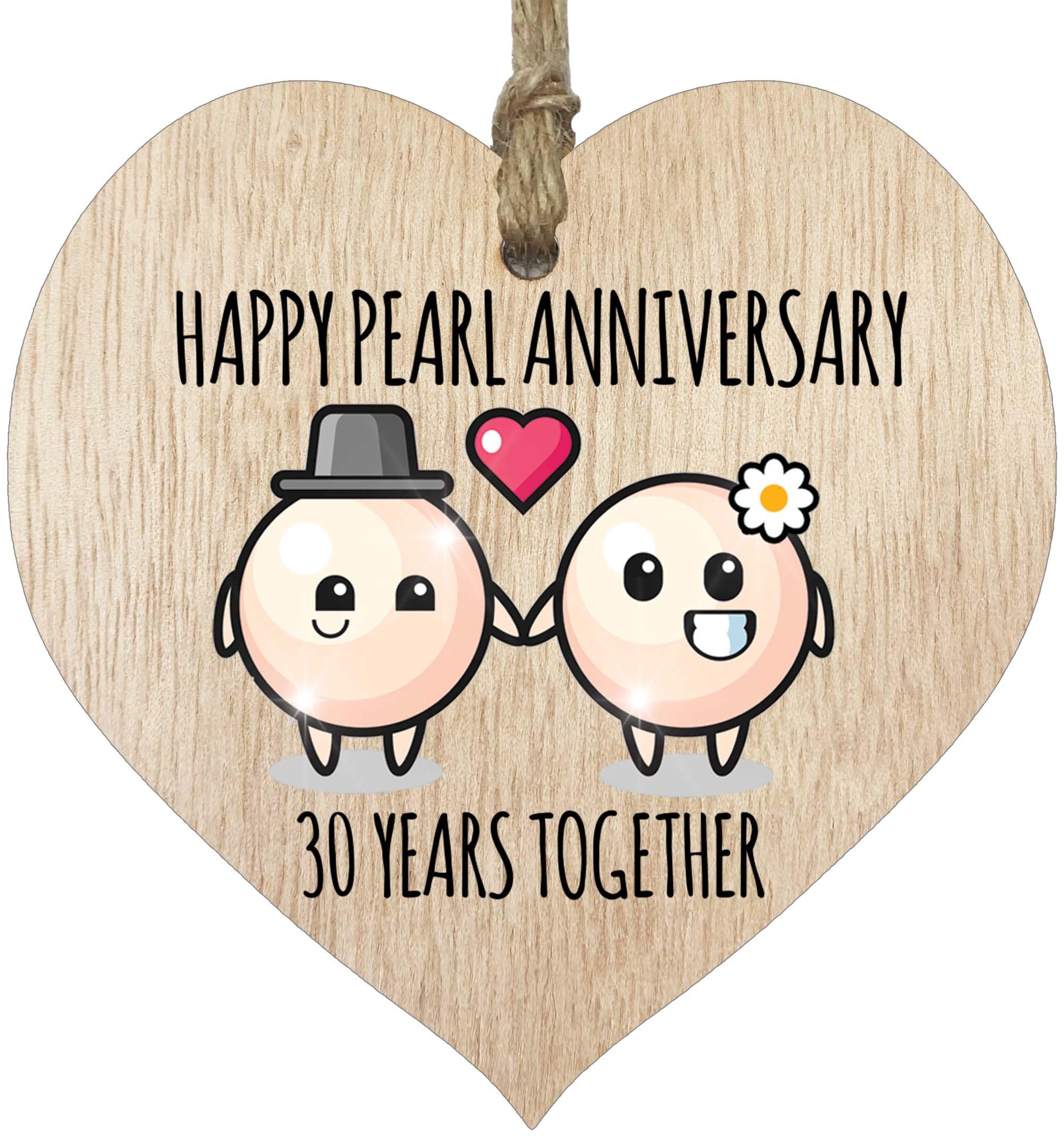 30th Wedding Anniversary Plaque Gift for Husband Wife - 30 Years Together - Happy Pearl Anniversary Wooden Heart for Women Men Partner, Light Wood Sign Keepsake Gifts
