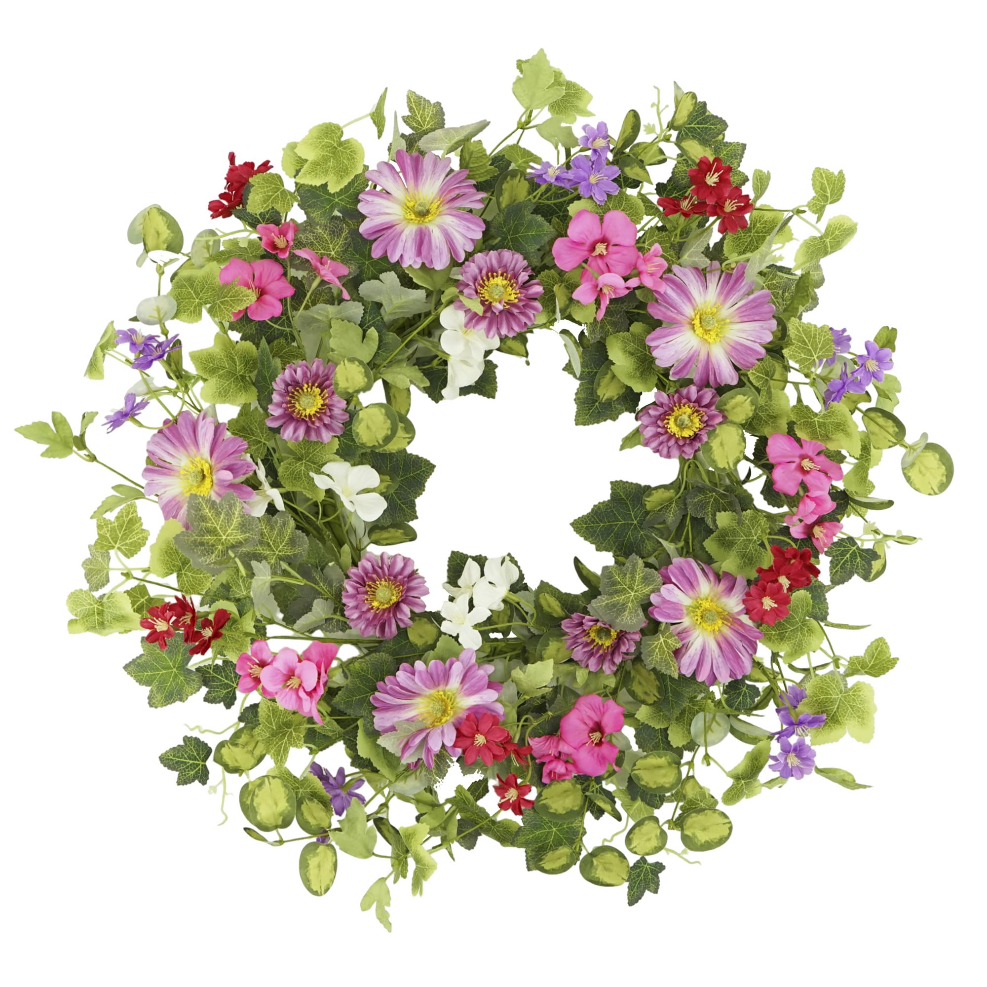 18" Spring Summer Wreaths for Front Door, Artificial Floral Wreath with Pink Daisy & Green Eucalyptus Leaves, Green Foliage Wreath for Wall Window Farmhouse Party Holiday Home Decor