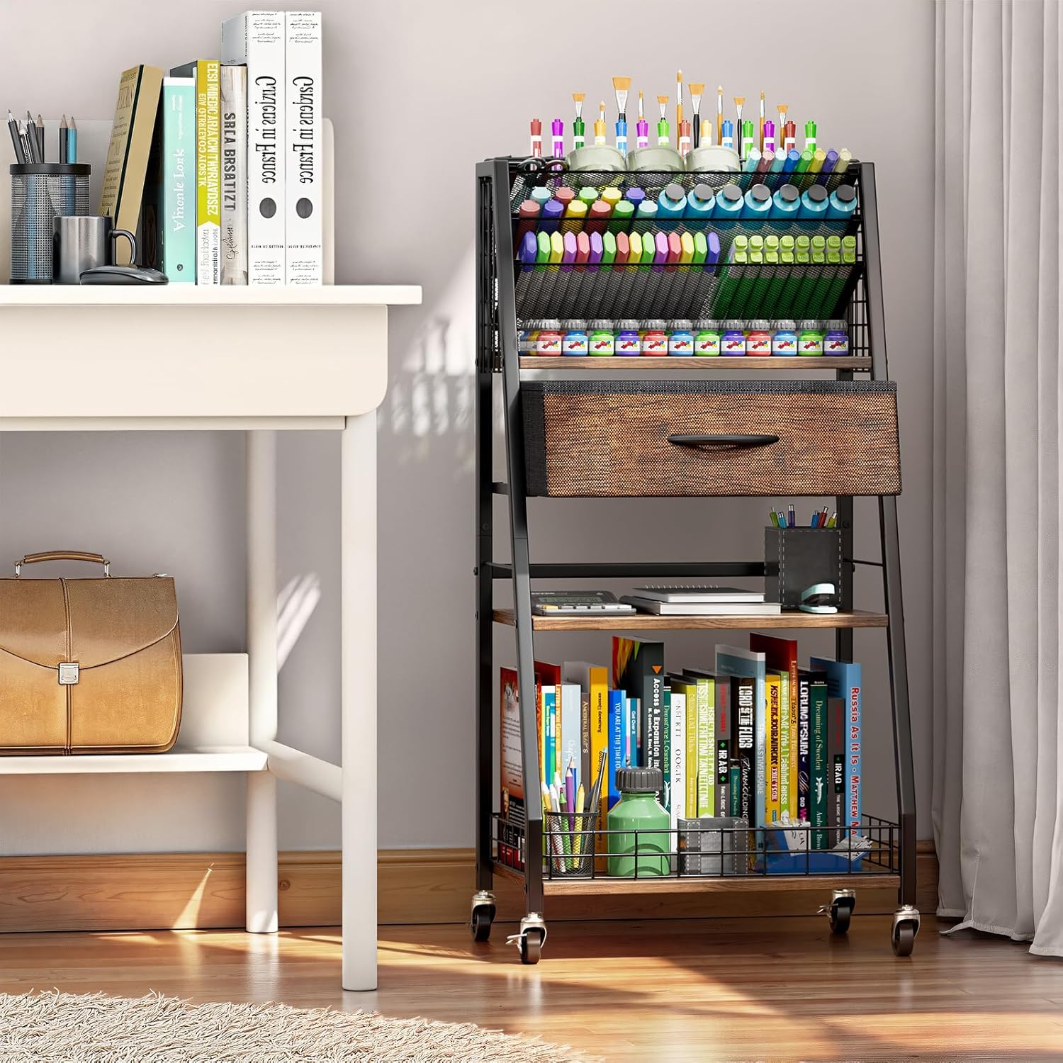 Housolution 3 Tier Rolling Cart with Drawer, Utility Cart with Lockable Wheels, Multi-Functional Arts and Crafts Organizer Storage for Brushes & Paints & Artifacts, Ideal for Home Office Studio - Image 8