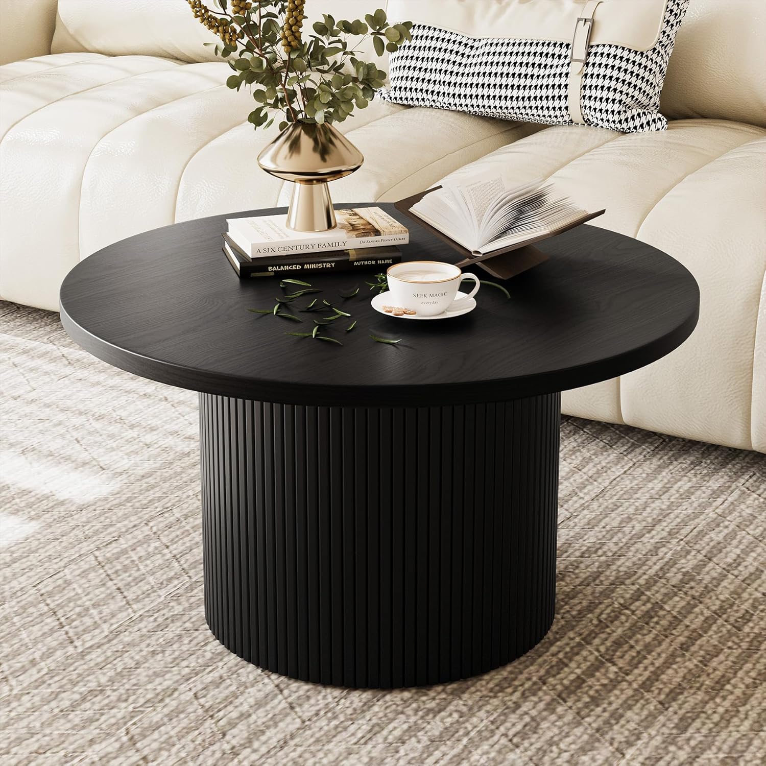 Black Round Coffee Table with Metal Frame, 35" Coffee Tables for Living Room, Circle Wood Accent Center Table for Apartment
