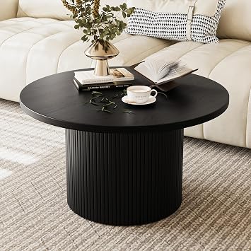 MAISONARIA Black Round Coffee Table with Metal Frame, 35.4" Coffee Tables for Living Room, Circle Wood Accent Center Table for Apartment