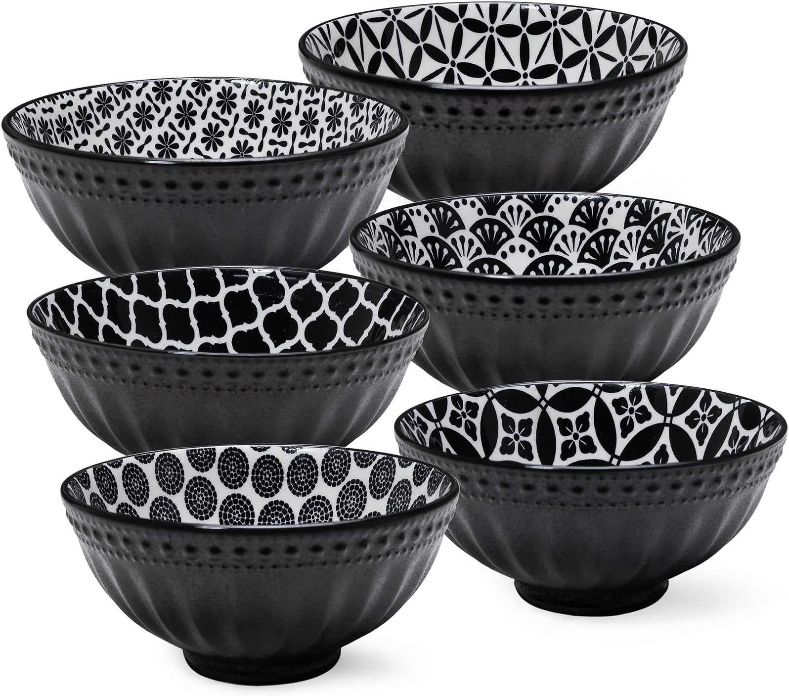LEHAHA Ceramic 23 oz Cereal Bowls, Porcelain Matte Black Bowls for Kitchen, 6-inch Black and White Salad Bowls Set for Salad, Pasta, Dishwasher and Microwave Safe, Bowls Set of 6