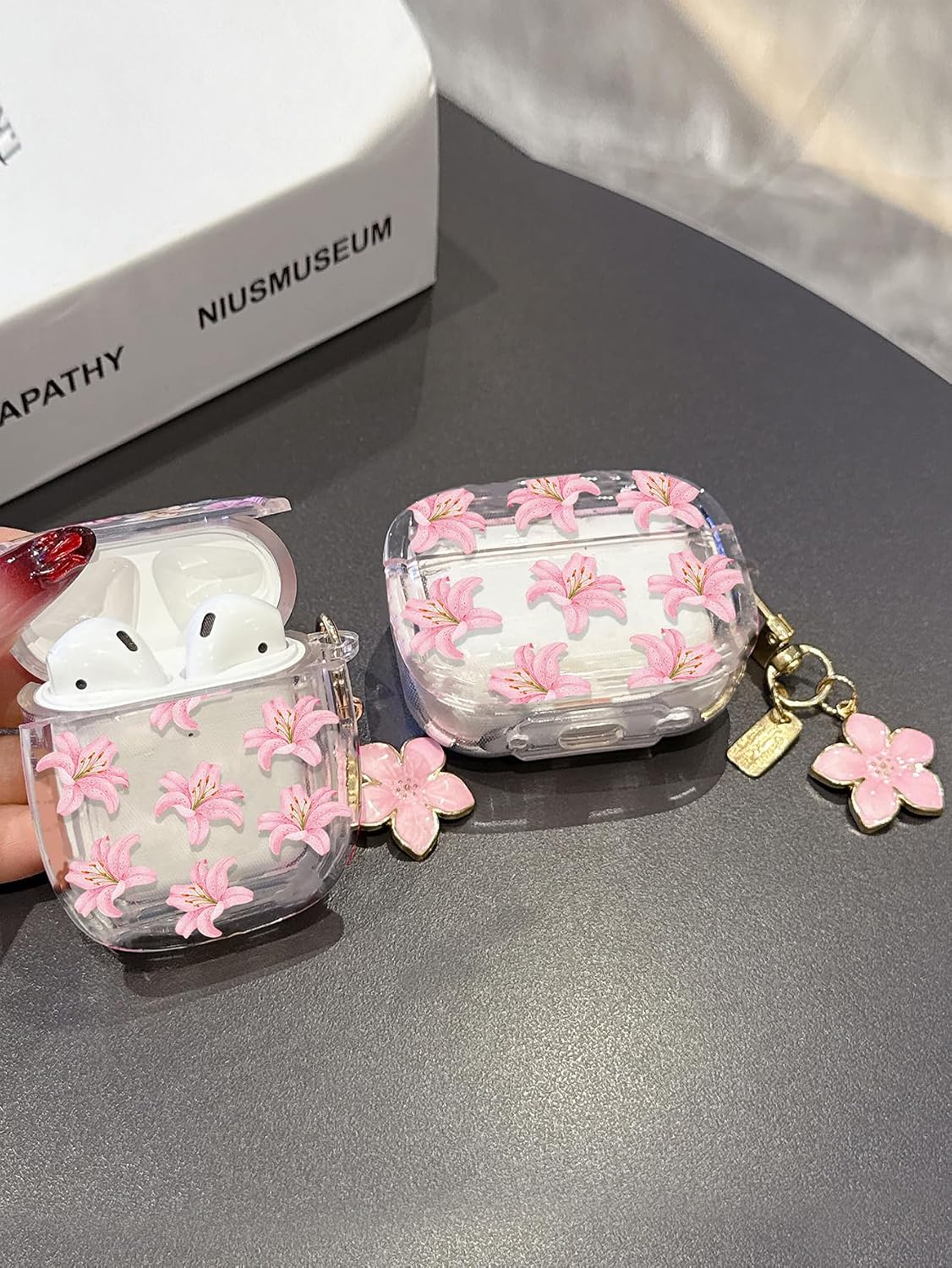 for Airpods Pro 3 Case, Clear Silicone Transparent Flowers Cases Cute Floral Design with Pendant Keychain Soft TPU Popular Protective Cover for Women - Pink Lilies image 2