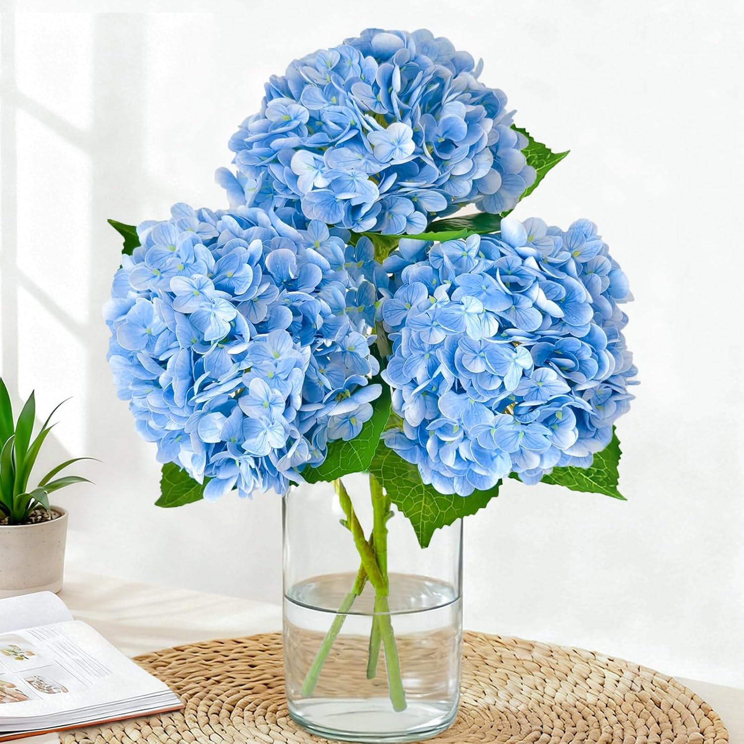 Real Touch Blue Hydrangea Artificial Flowers with Stems, Fake Silk Flowers for Outdoors, 3 Pcs Artificial Flowers for Home Decor Wedding Bouquets Centerpieces Vase