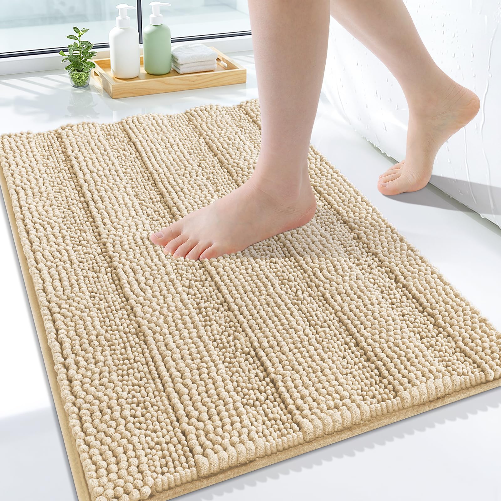 Grandaily Chenille Bathroom Rugs 24x16, Soft Bath Mats, Light Beige