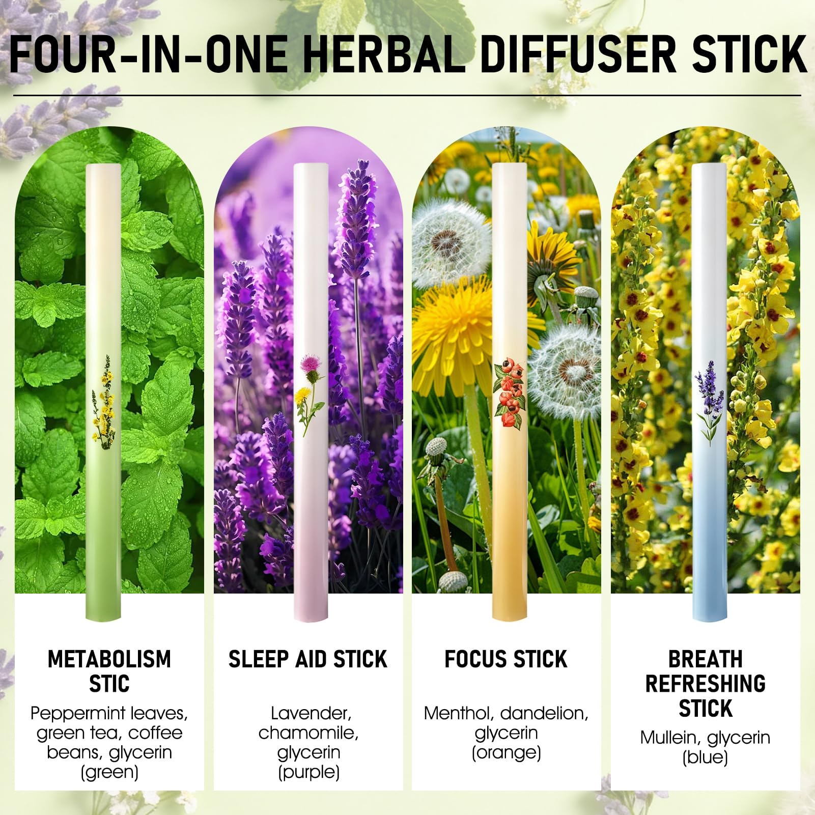 4 PCS Diffusore di Erbe Aromatiche, Herbal Diffuser Pen, Formula con Estratti Vegetali Multipli, Design Portatile, Aumenta l'energia, Rinfrescante e Rinvigorente