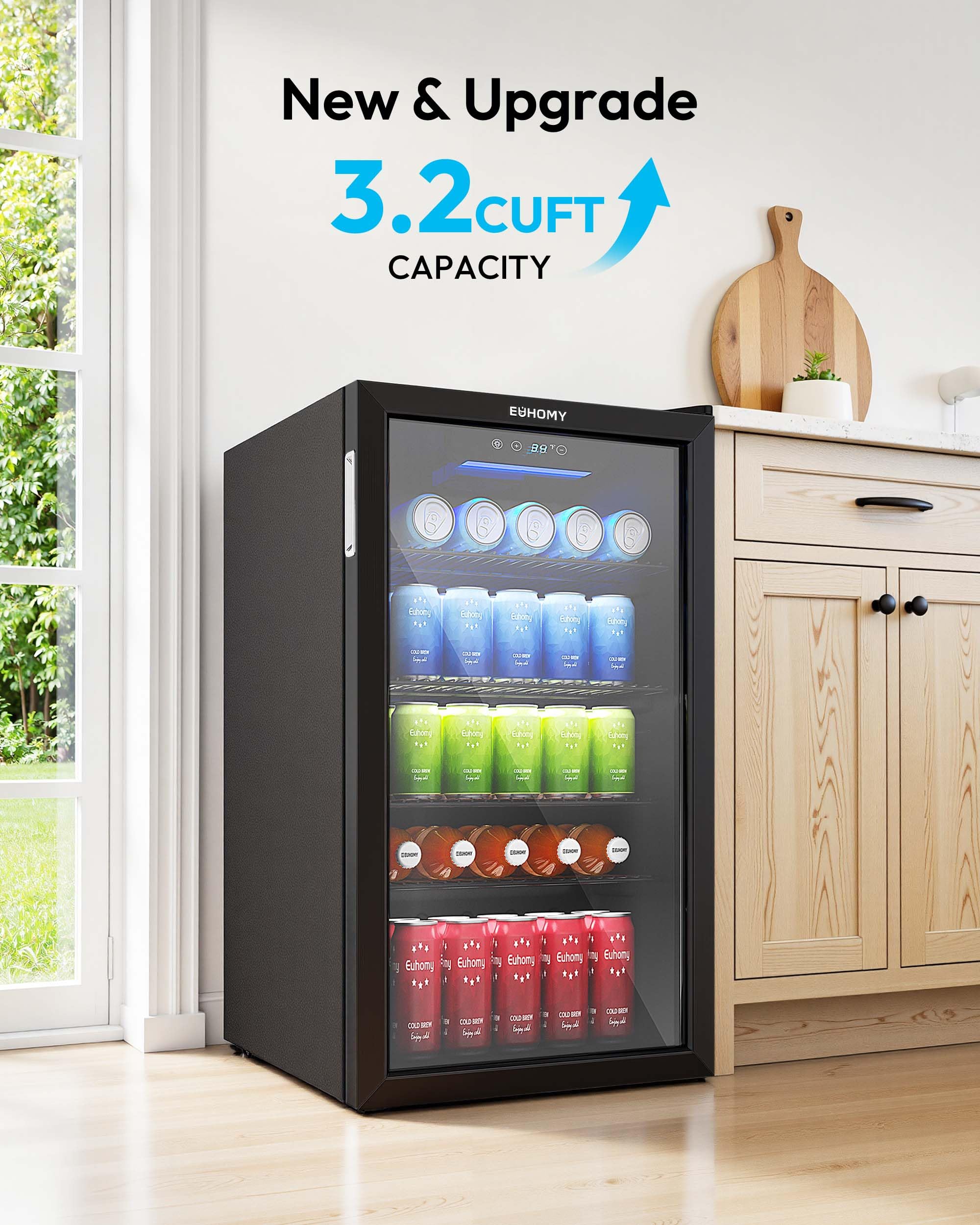 Euhomy Mini Fridge 130 Can Beverage Refrigerator Cooler Glass Door For Soda Wine Beer, Beverage Cooler For Home, Bar, Office With Digital Temperature Control Adjustable Shelves, 3.2 Cu.Ft, Black on Fridge.com - View 2