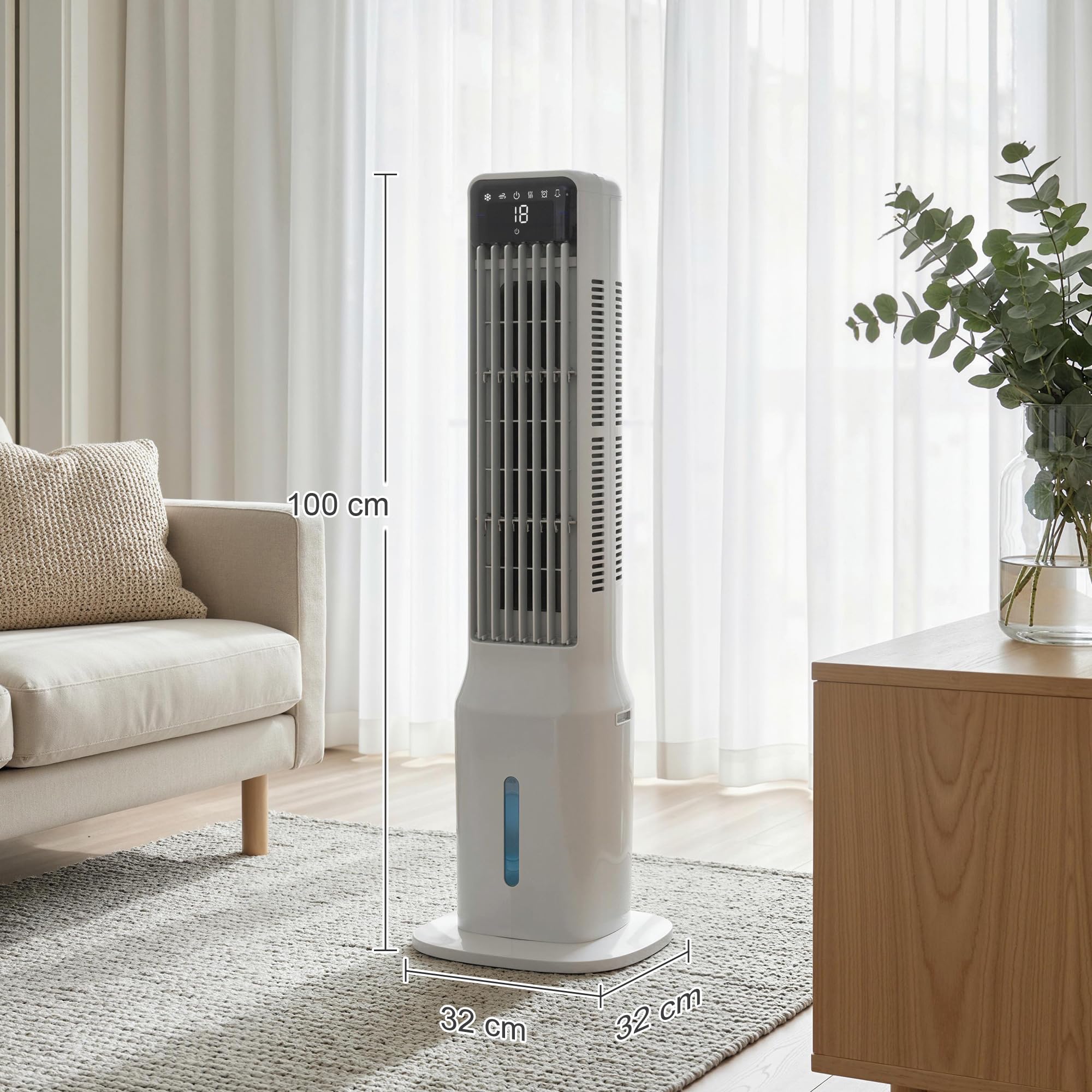 HOMCOM Climatizador Evaporativo de Torre 3 en 1, Enfriador de Aire Portátil con Depósito de 9 L, Oscilación 48°, 3 Velocidades, 3 Modos, Temporizador 24h y Mando a Distancia, 4 Acumuladores de Frío