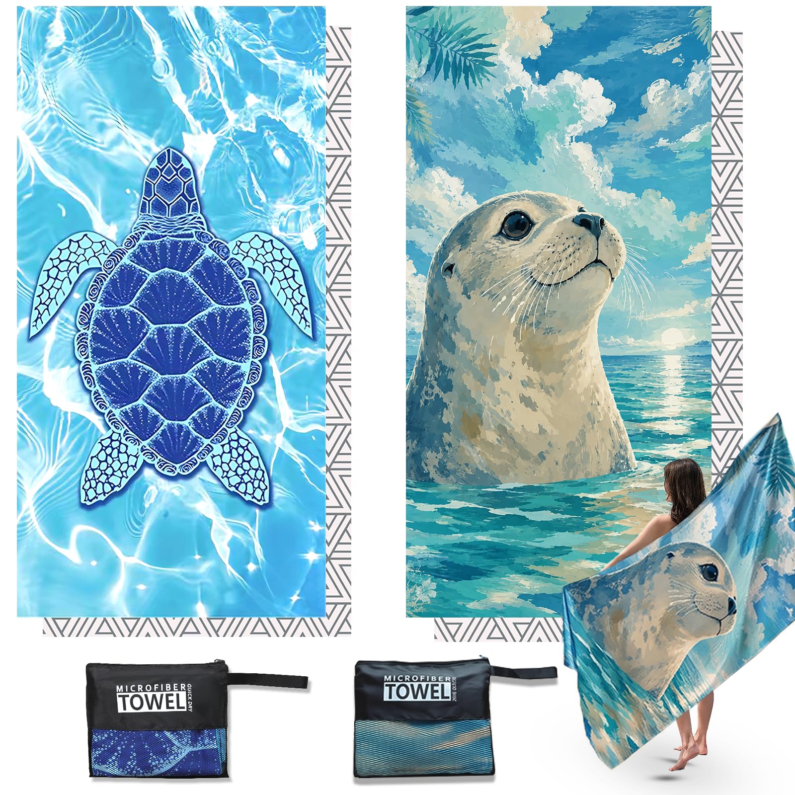 Anavasi 2 Pack Microfibre Beach Towels for Adults, 180 x 90 cm with Net Bag