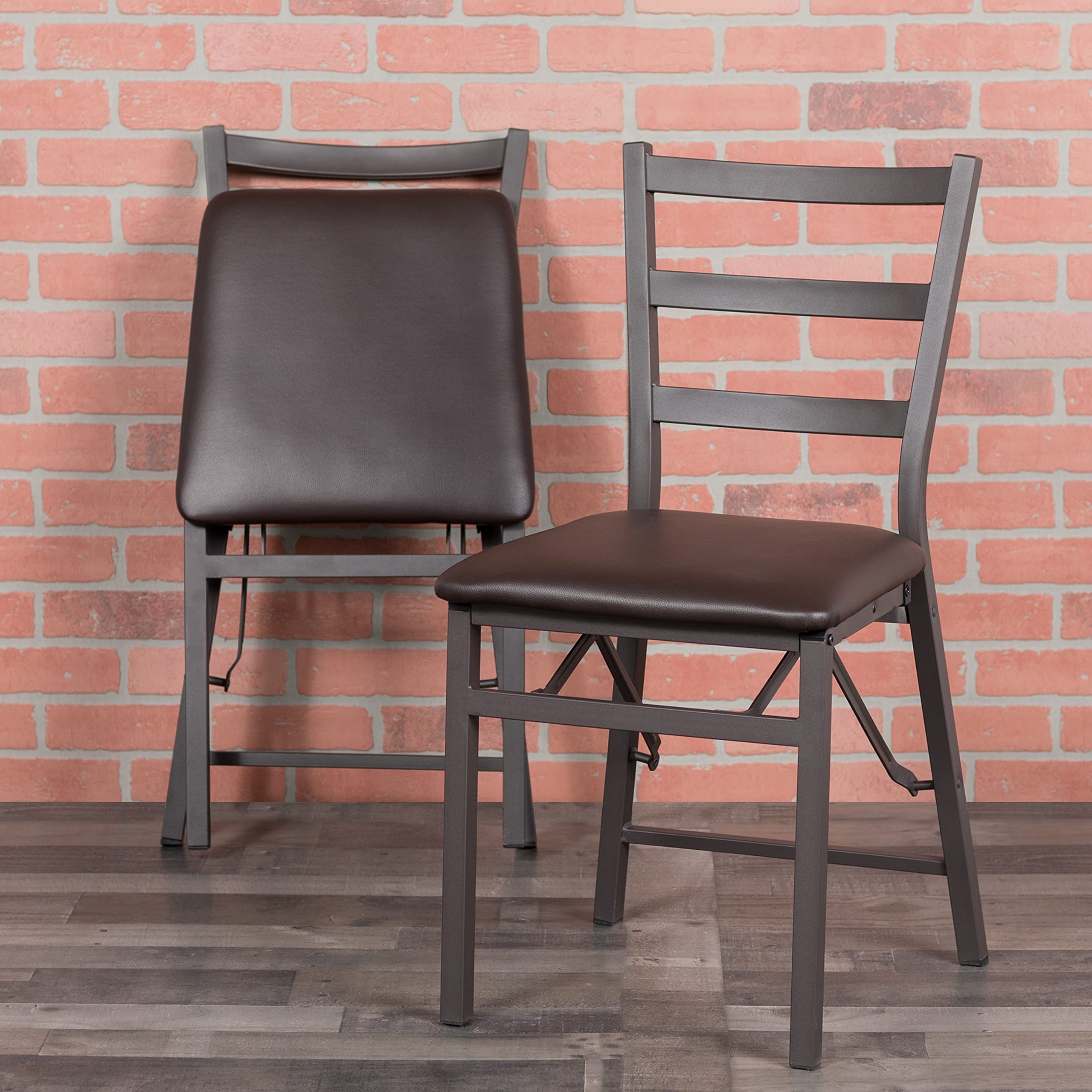 EMMA + OLIVER 2 Pack Ladder Back Metal Folding Chair with Brown Vinyl Seat