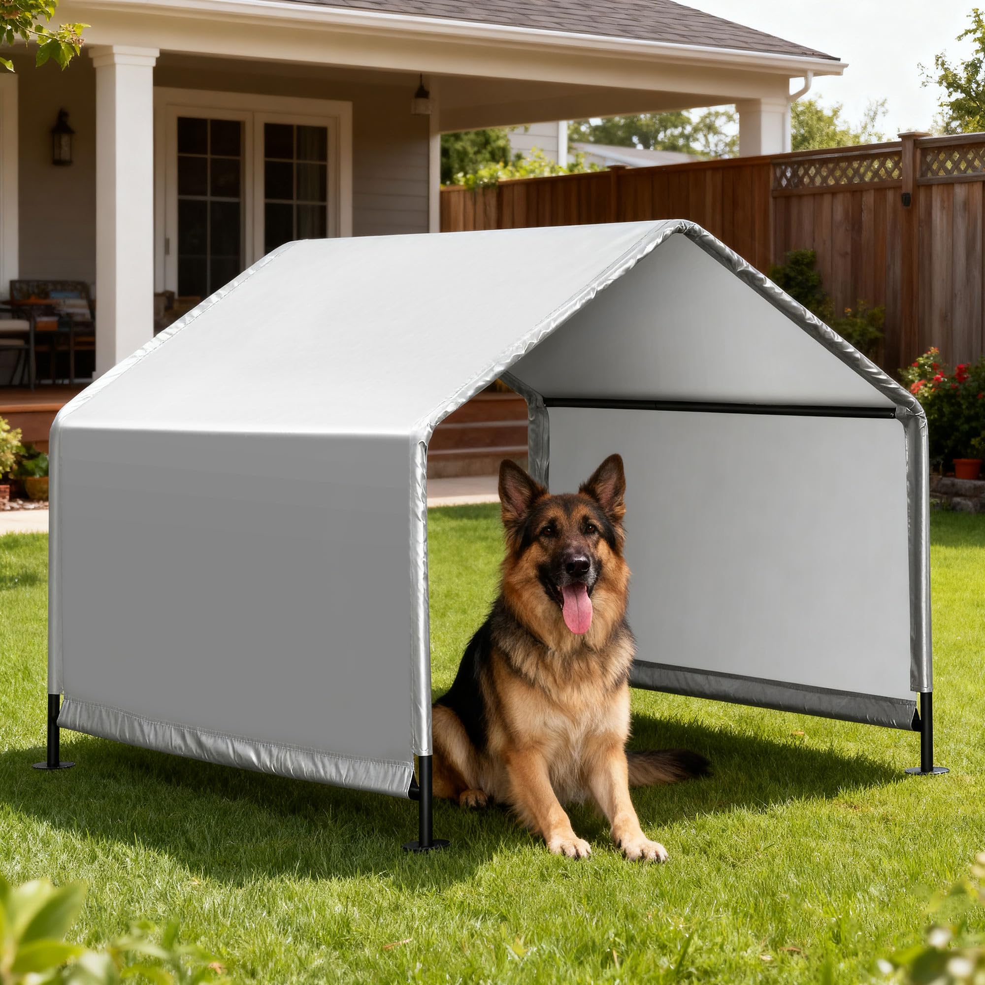 4'x 4'x 3.3' Dog Shade Shelter, Outdoor Dog Tent Dog House Canopy with Rain Curtain Waterproof, Sun Protection with Ground Stakes for Pet Medium Large Dogs, Cats, Pigs, Chicken, Goose