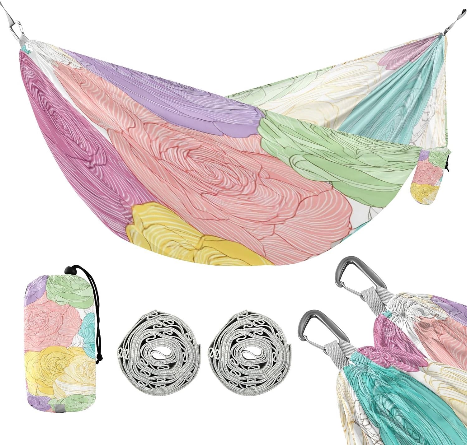 Camping Hammock Pastel Colored Roses Single Portable Hammocks 500 lb Upgraded Thickened with Tree Straps and Attached Carry Bag,Perfect for Outdoor,Indoor,Beach,Camping,Travel