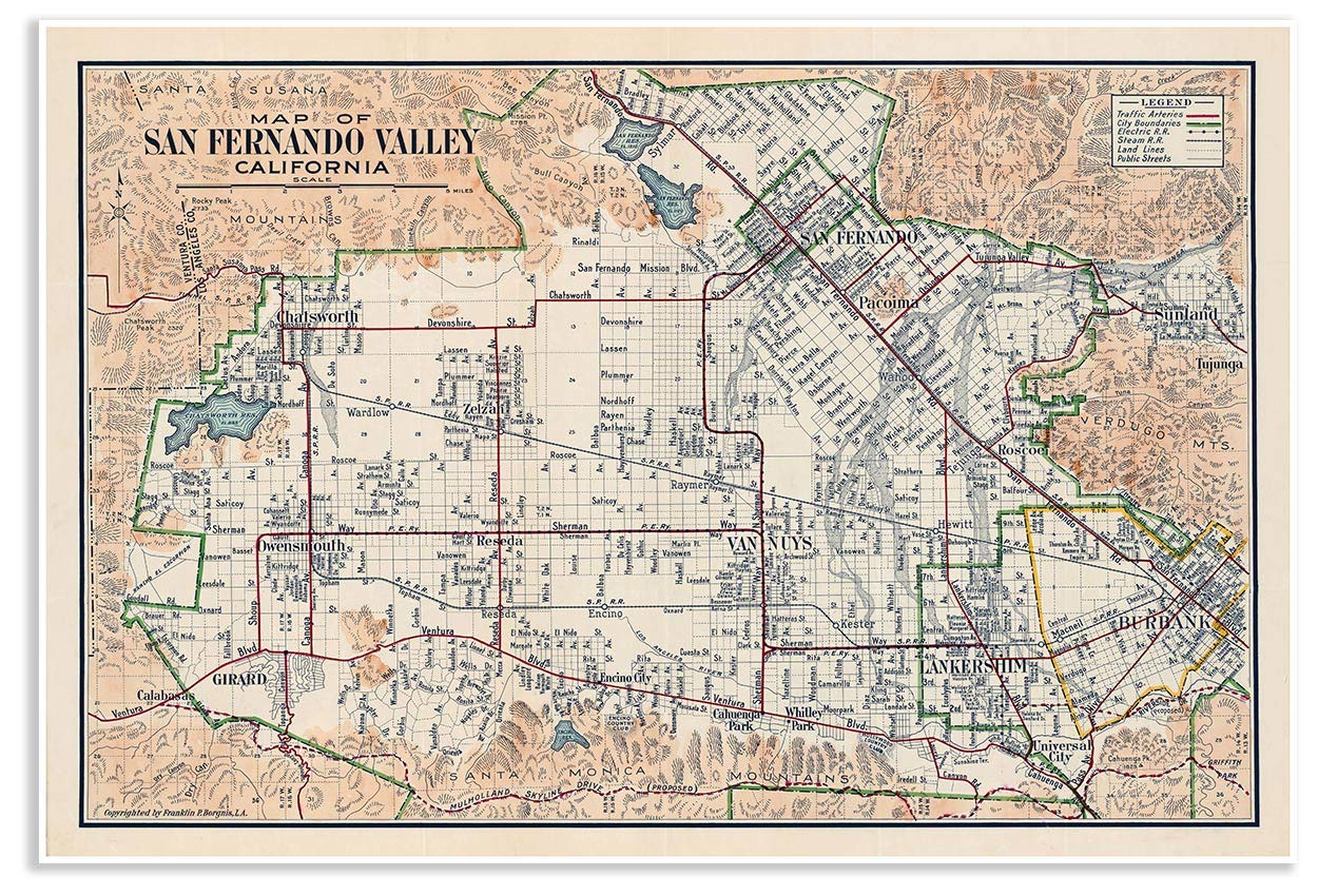Antiguos Maps San Fernando Valley California circa 1923 | Van Nuys, Burbank and Calabasas | Vintage Wall Decor | Art Print Poster | measures 24 x 36 inches (610 x 915 mm)