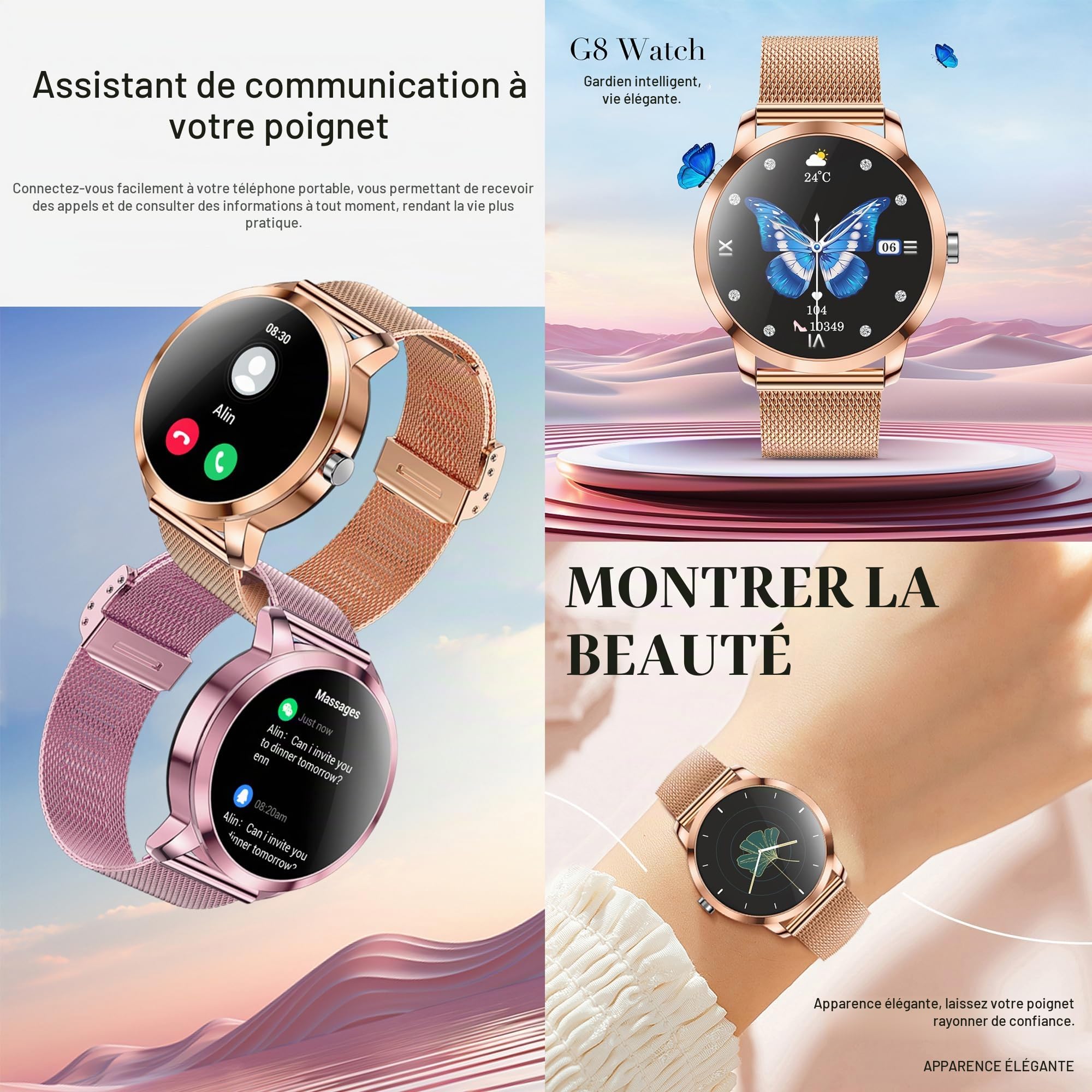 ZPIMY Montre connectée Femme avec Appel Bluetooth, 1,09" Smartwatch avec 123 Modes Sportifs IP68 Étanche, Sommeil, Fréquence Cardiaque, SpO2, Tracker d'activité, Smart Watch pour iOS Android (Or)