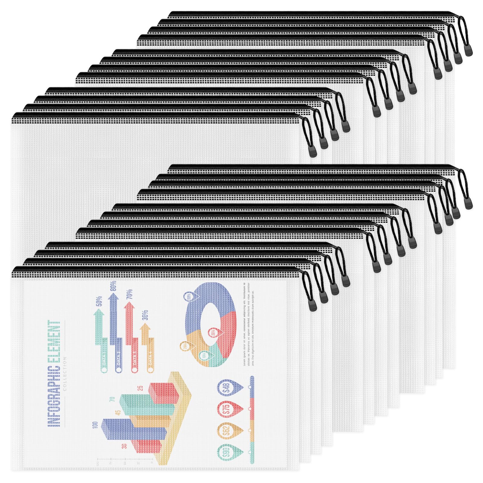 Smarpau A4/Letter Size Mesh Zipper Pouch, 24 Pack 13" x 9.4" Plastic Zipper Pouches for Organizing, Multipurpose Waterproof Zipper Bags for Travel, Office, Home Storage, Black