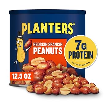 Planters Spanish Peanuts, Plant Based Protein Snack, 12.5 oz Resealable Can | Peanuts with redskins for flavor and texture, 200mg Potassium, Snack for adults, Plant-based Protein Snack