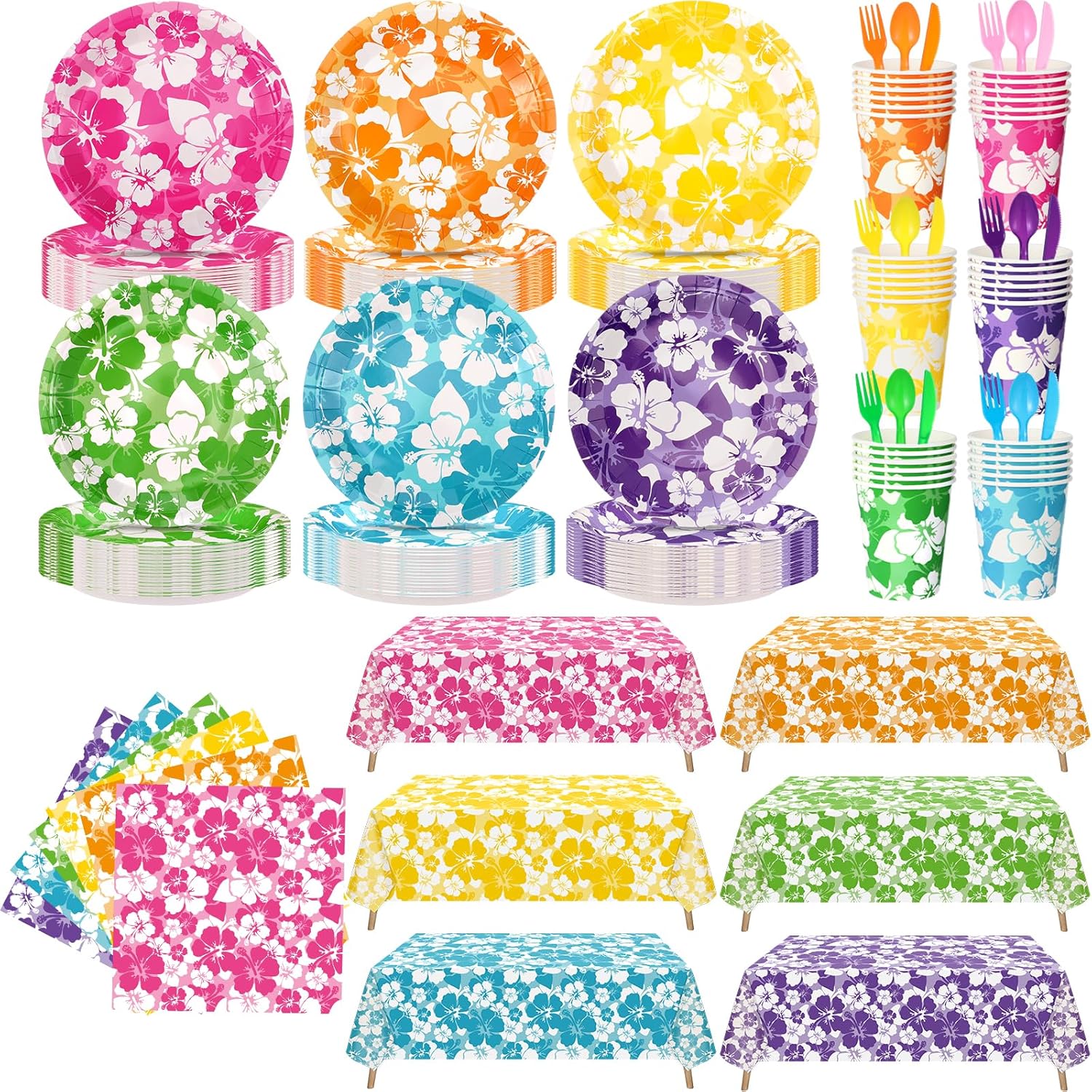Nitial 294 Pcs Hibiscus Hawaiian Party Supplies Plates Napkins Tablecloth Hawaiian Theme Tableware Set for Luau Table Decorations Tropical Dessert Forks for Aloha Summer Beach Party, Serve 48 Guest
