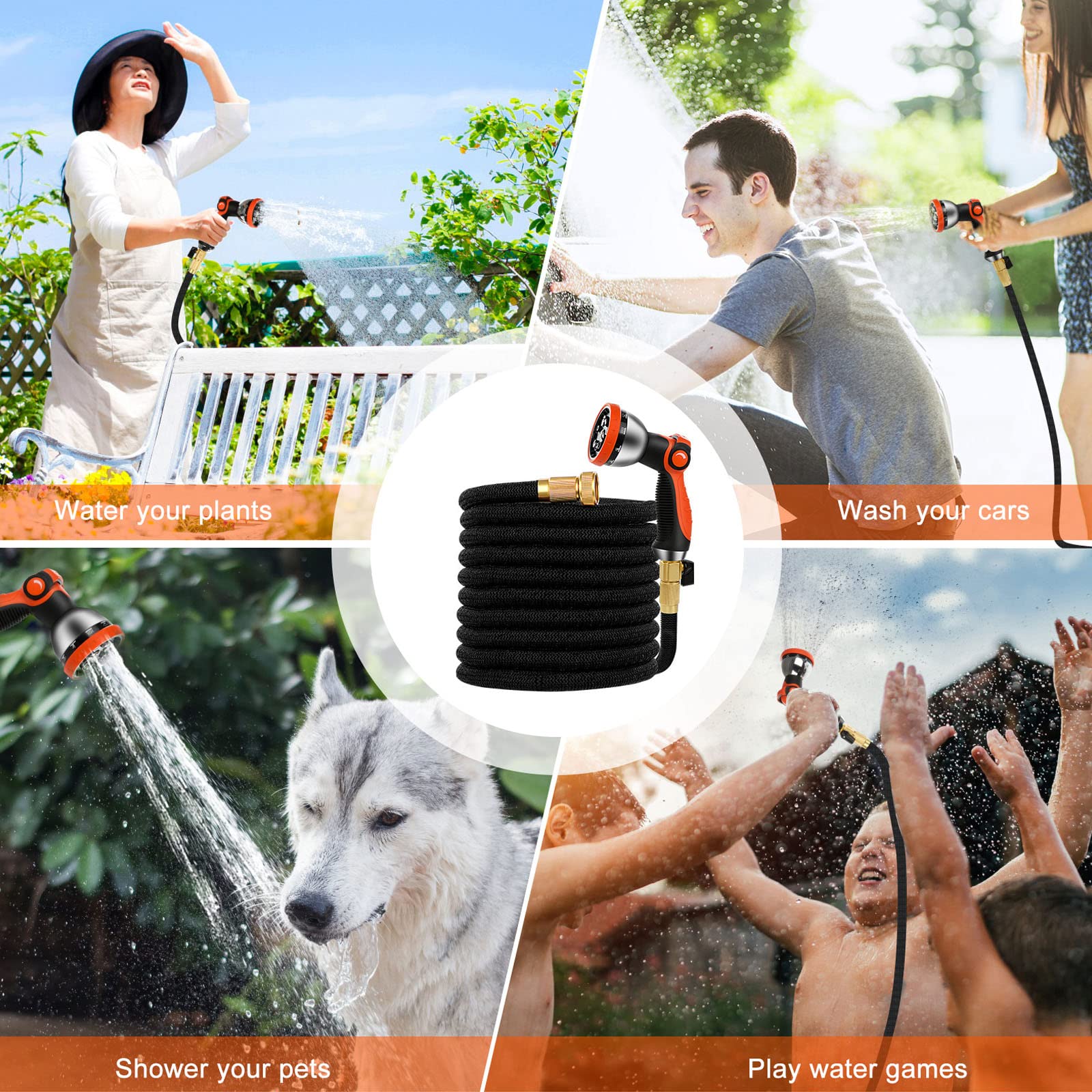 30M/100Ft Manguera De Agua De Jardín Expandibles Flexible con Pistola Pulverizadora De 10 Funciones, Núcleo De Látex Cuatro Capas, Conector Cobre Puro 3/4", Gancho De Metal, para Riego Césped