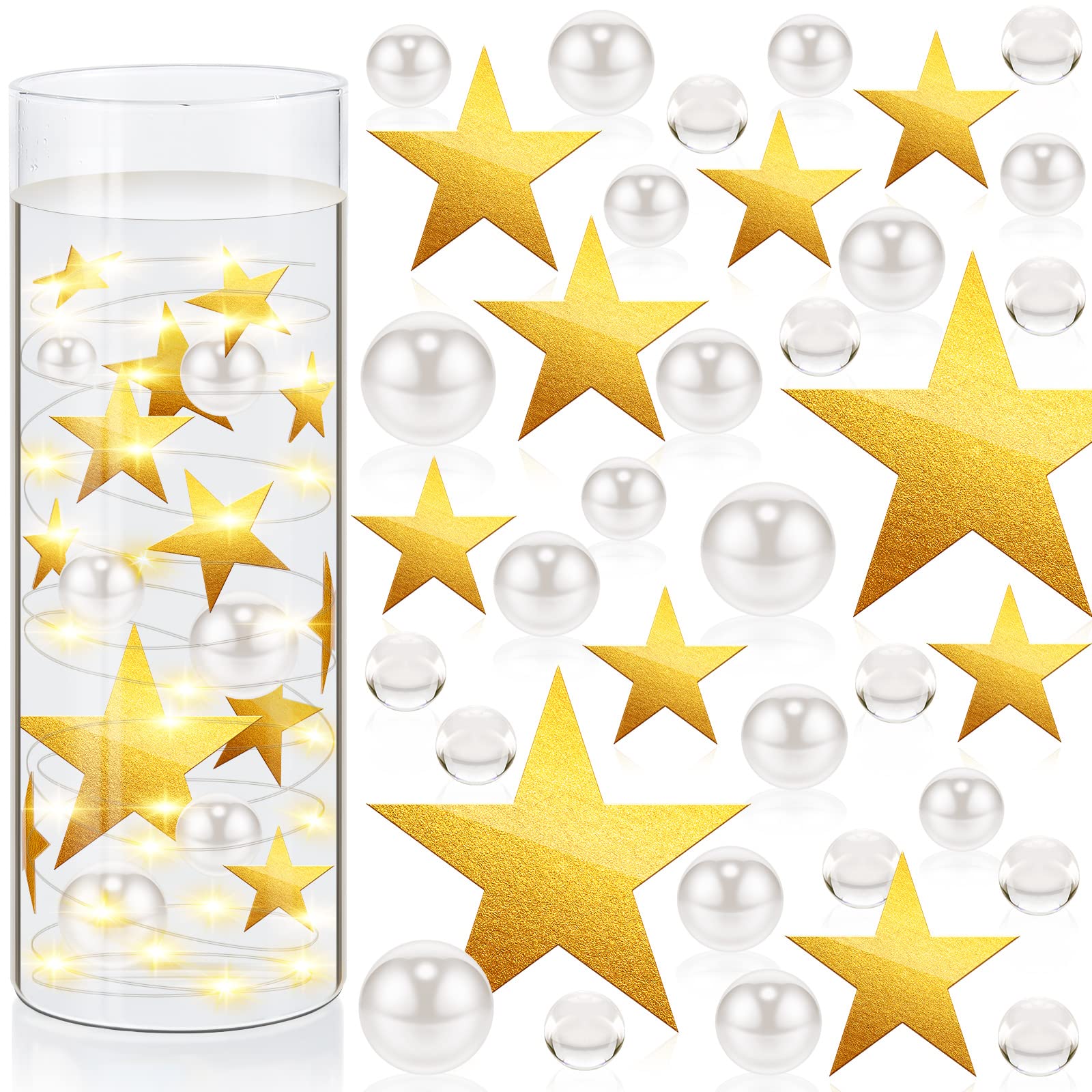 MTLEE 106 Pcs Star Vase Fillers Pearls for Vase Filler Gold Glitter Stars Candles for Centerpiece Pearls with Lights Battery Operated for Wedding Party Table Home Festival Decor