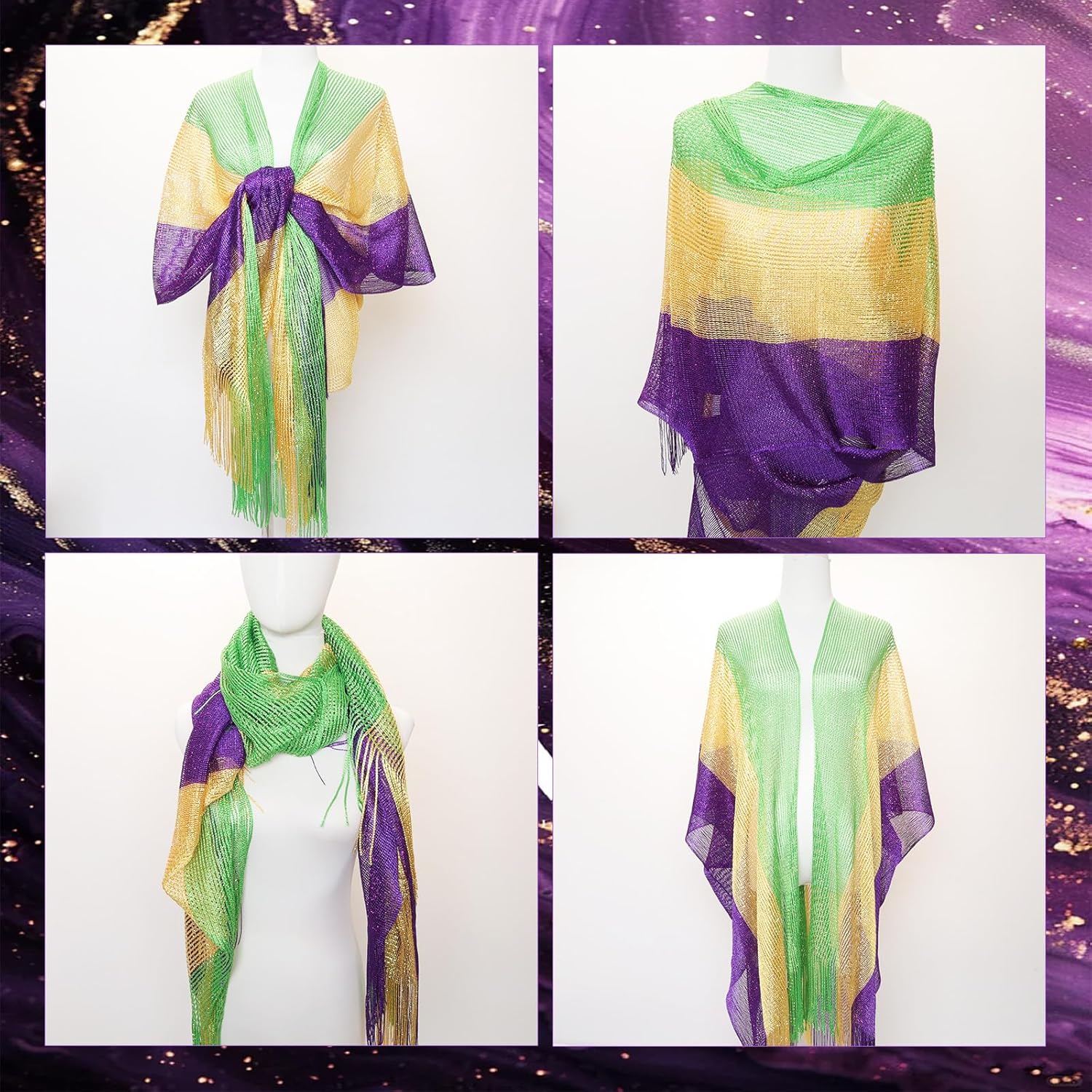 Mardi Gras Shawl Scarf Costume Accessories Set for Women: Mardi Gras Shawl, Feather Headband, Eye Patch, Necklace, Earrings - Adult Women, Party-Goers, Celebration Enthusiasts - Image 4