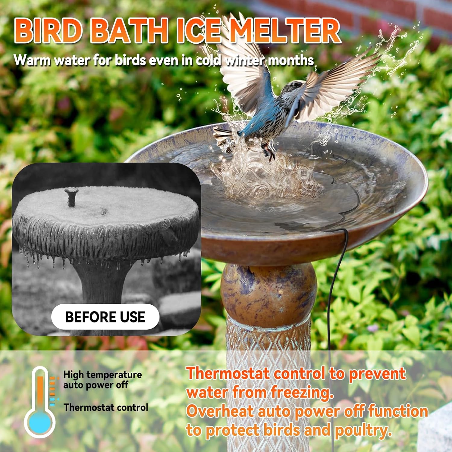 2-Pack 250W Bird Bath Heater for Outdoor Winter Use – Thermostatically Controlled De-Icer for Birdbaths, Ponds & Livestock Water, Keeps Water Ice-Free for Birds, Chickens & Small Animals