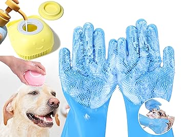 Deriz 1 pair of silicon dog bathing hand gloves + Pet Dog Bath Brush Soft Silicone Dog Shampoo Brush , Brush Hair Fur Grooming Cleaning Brush Soft Shampoo Dispenser