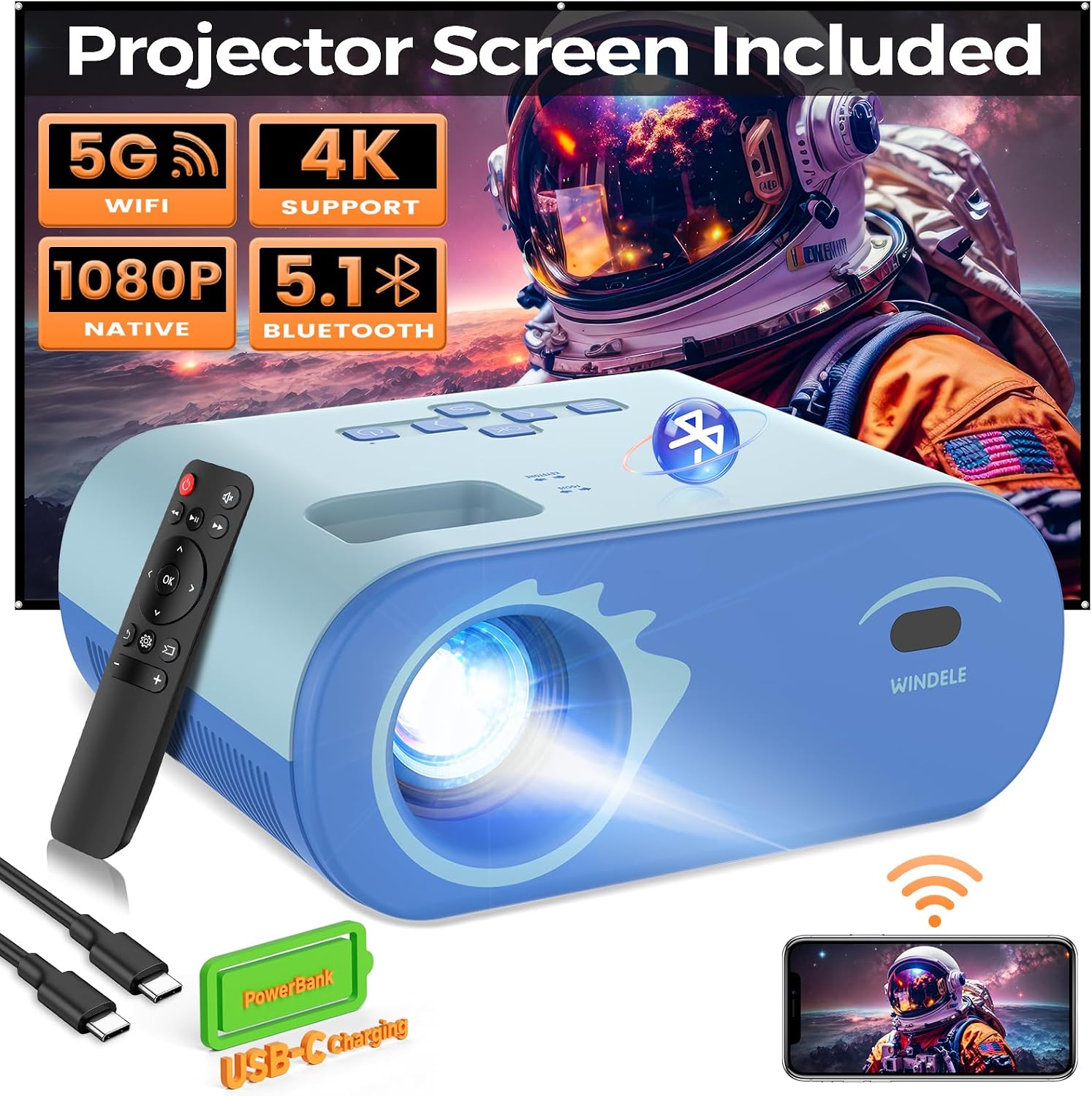 Upgraded 5G WiFi Bluetooth Projector, M8 Native 1080P Video Projector with USB-C Power Bank Compatibility, Portable Outdoor Projector with 84″ Screen, Home Theater Mini Projector, Blue
