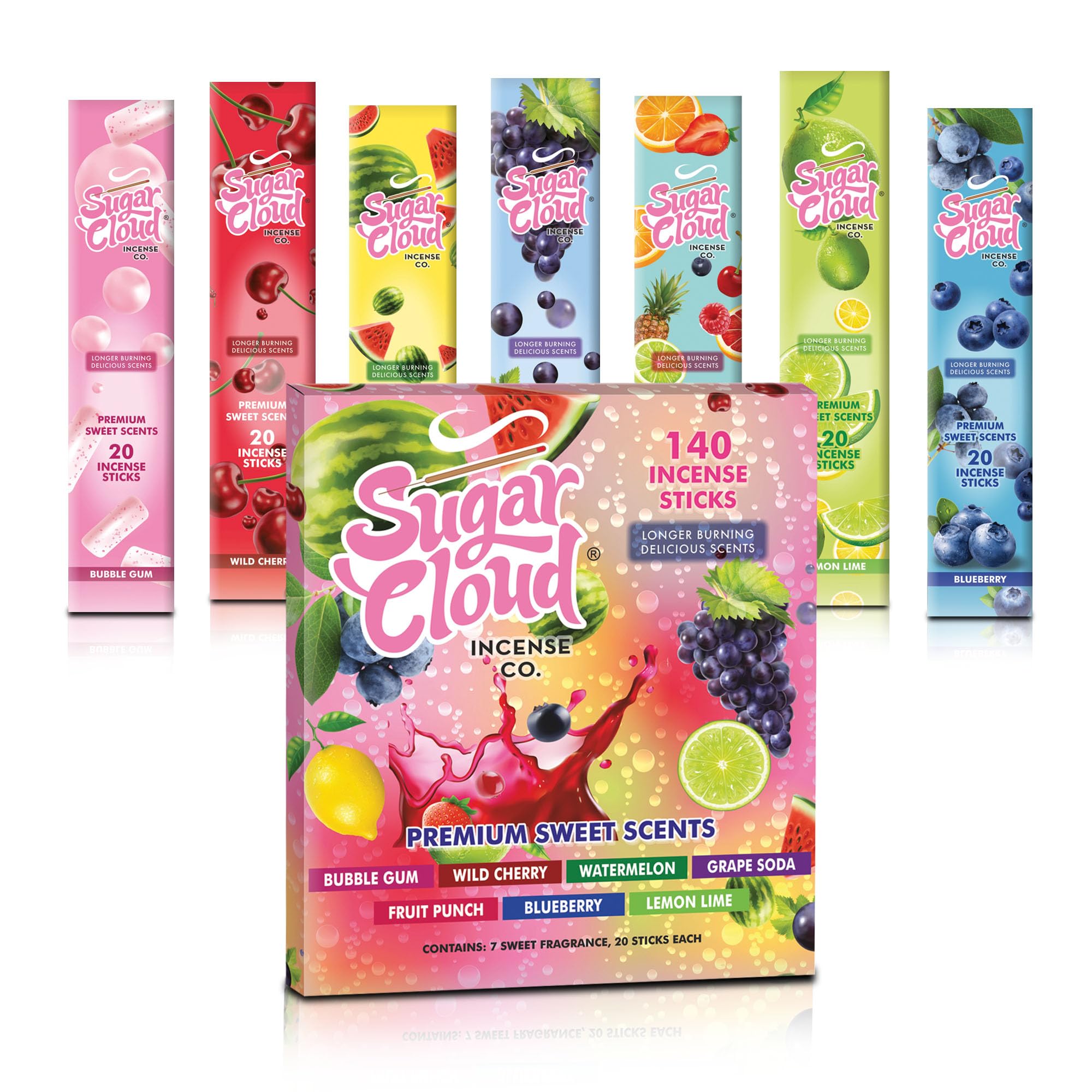 MECKASugar Cloud Incense Sticks | Set of 7-140 Insence-Sticks for Meditation & Good Vibes | Wild Cherry, Blueberry, Watermelon Incense Sticks | Premium Slow Burn Long Lasting Organic Insenses