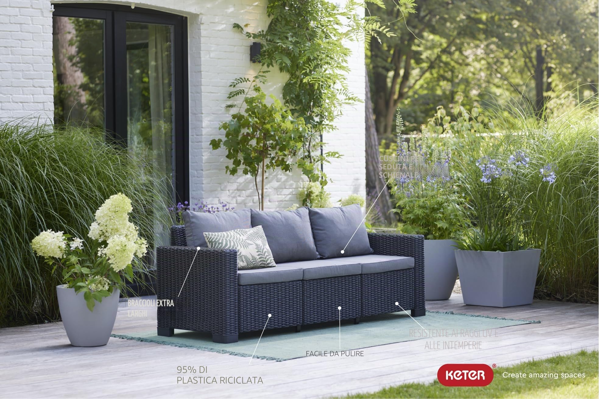 Keter California Sofa 3 Seater, Mobili da giardino, Grafite