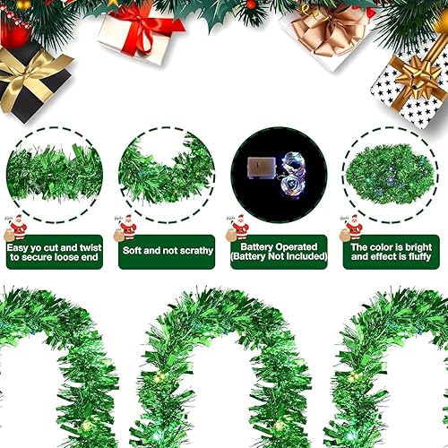 Miniatura 3 de Guirnalda de oropel de Navidad preiluminada de 19.7 pies, guirnalda de oropel metálico verde con luces LED, funciona con pilas, guirnalda de