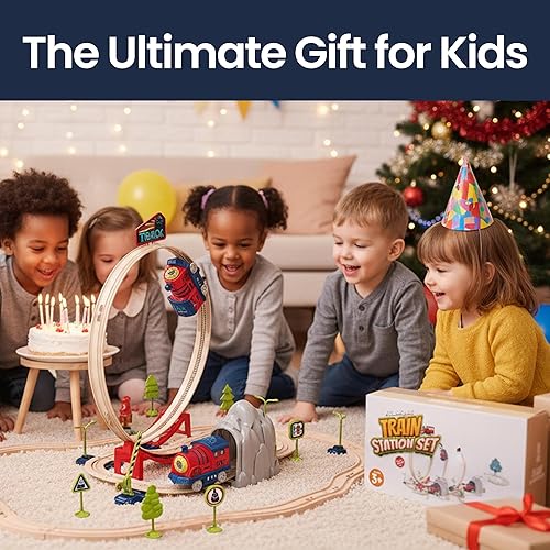 Miniatura 7 de Juego de tren eléctrico para niños de 2 a 4 años de 3 a 5 años - Estación de tren con bucle, puente y letreros - Juguete educativo Montessori de